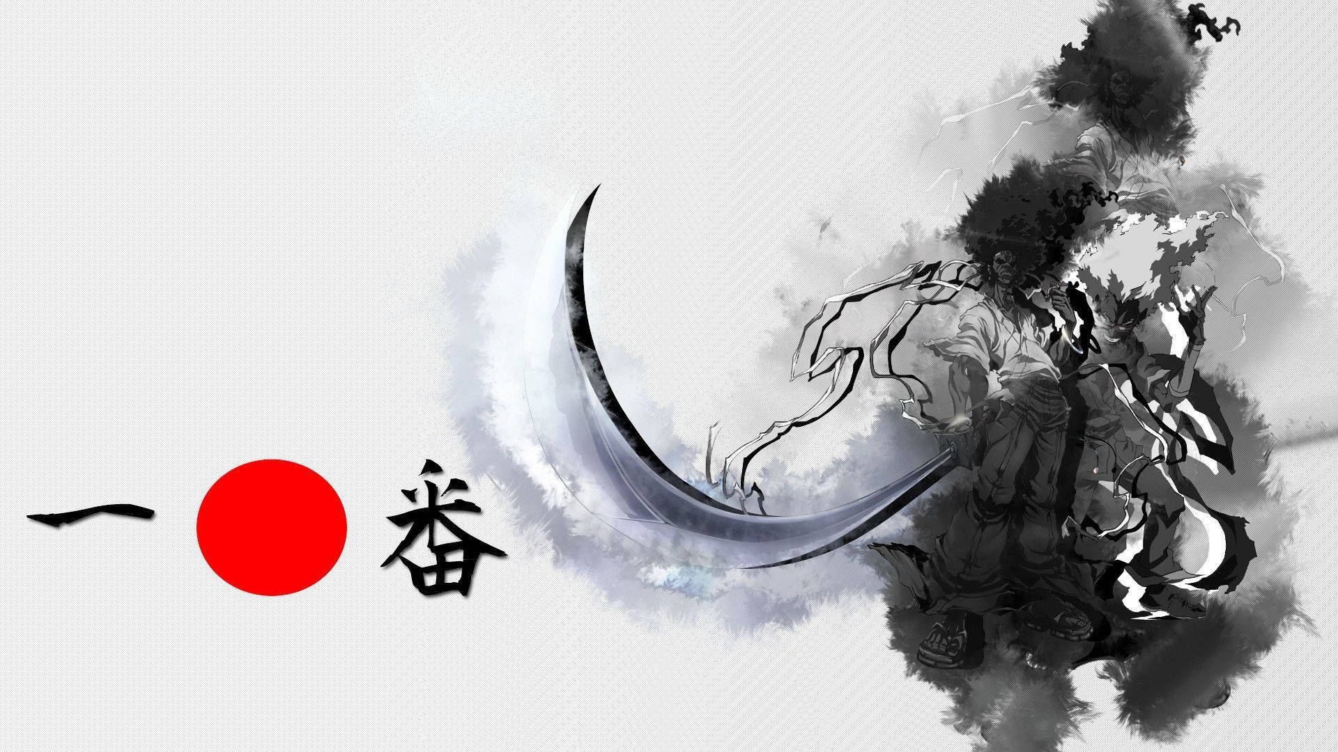日本武士 桌布 壁紙 — 一位動感十足的動漫戰士在極簡白色背景上，伴隨著墨水飛濺的動態，揮舞著彎曲的刀刃，並帶有醒目的紅色和黑色日文字元。