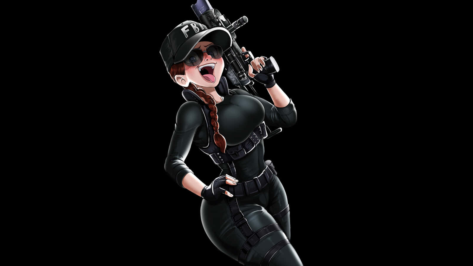 Rainbow Six Siege Ash 桌布 壁紙 — 一位動感十足的動漫風格女特工，身穿黑色戰術裝備和帽子，在純黑背景前揮舞步槍。
