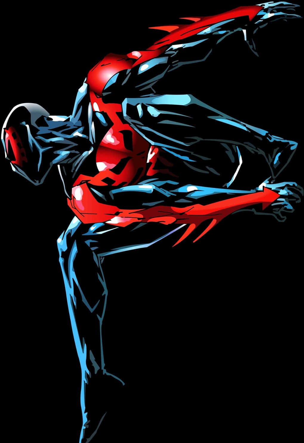 Spider Man 2099 桌布 壁紙 — 一位動感十足的動漫風格超級英雄，身穿紅藍戰衣，在帶有發光高光的純黑背景上跳躍。