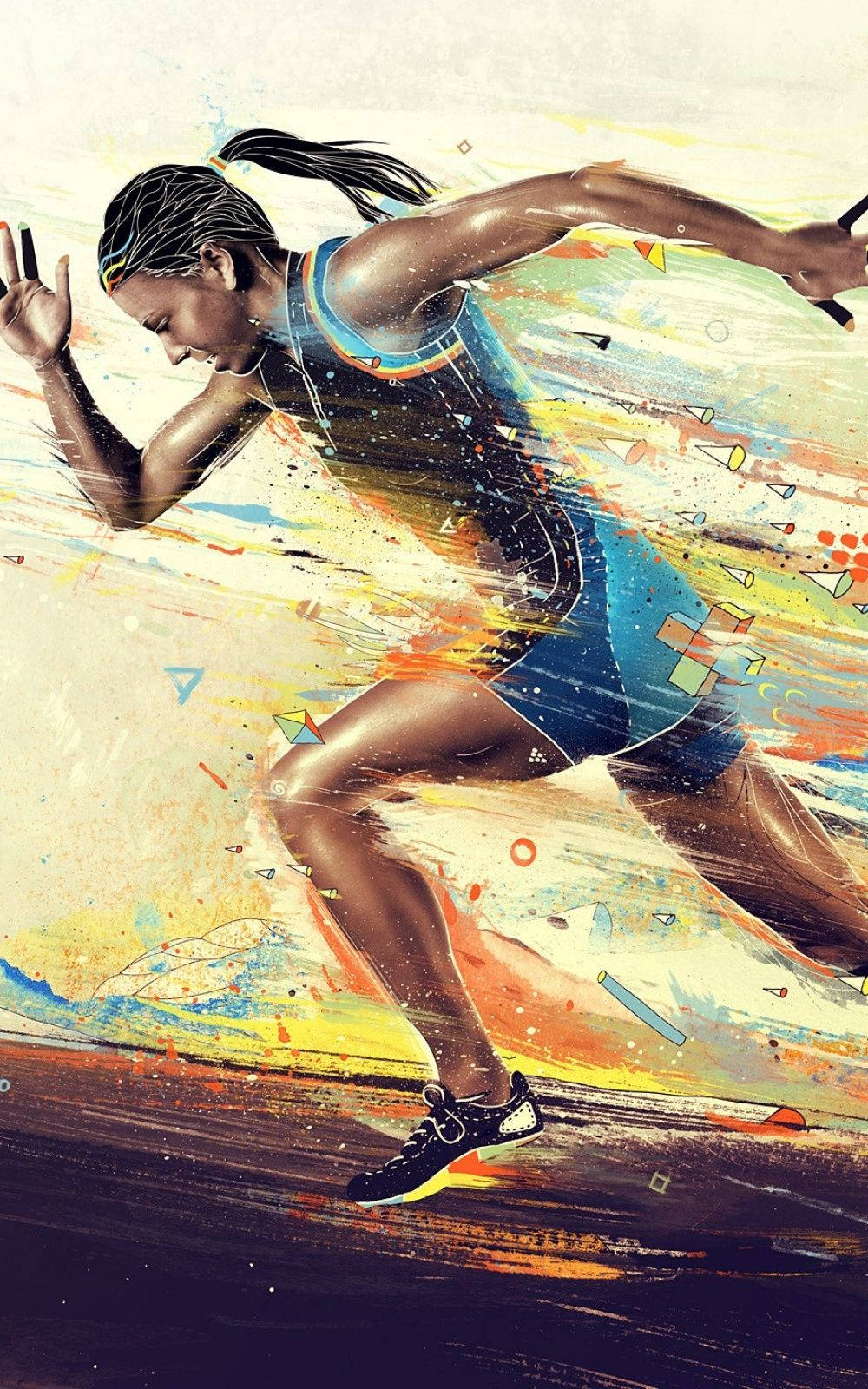 跑步者 桌布 壁紙 — 一位動感十足的女性跑者正在奔跑，身後留下鮮豔的抽象顏料飛濺和幾何形狀。