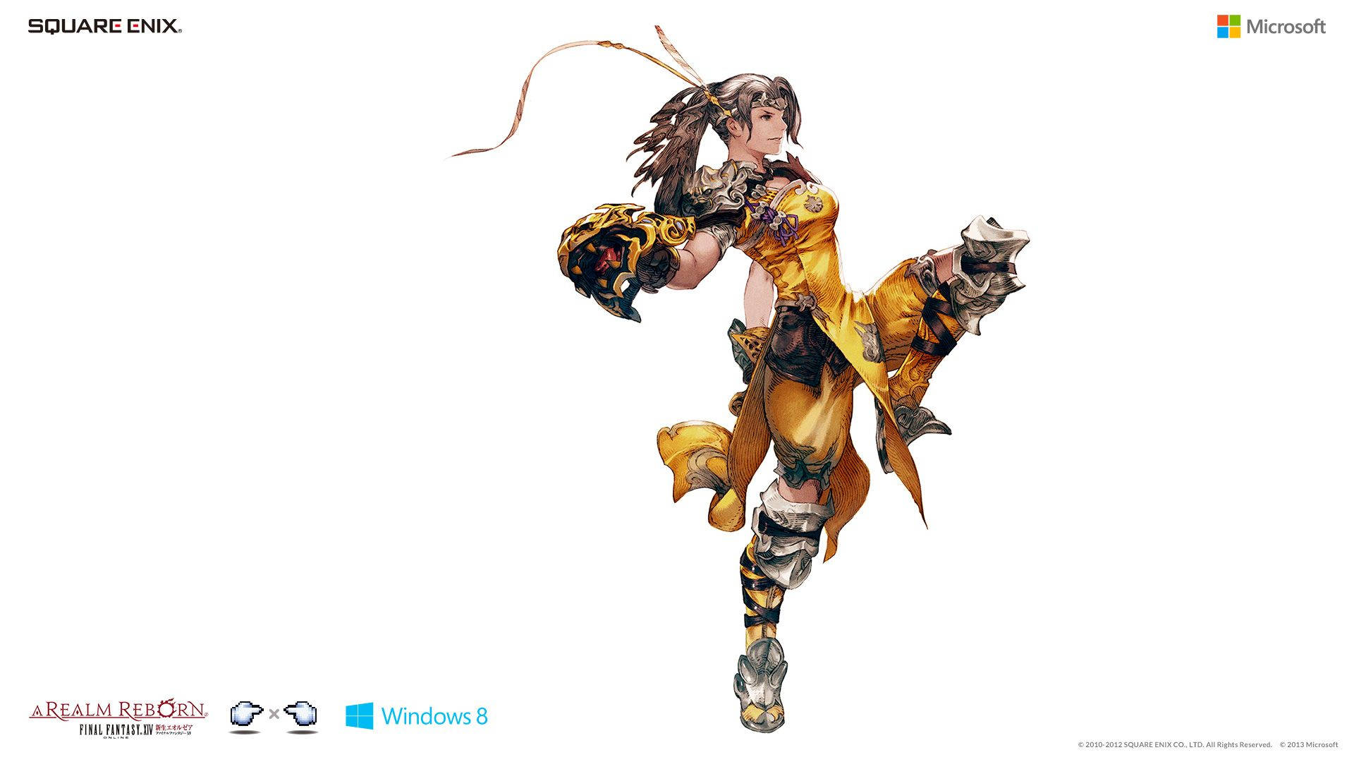 Ff14 桌布 壁紙 — 一位動感十足的女戰士身穿華麗金色盔甲，在純白背景前拔劍躍起。