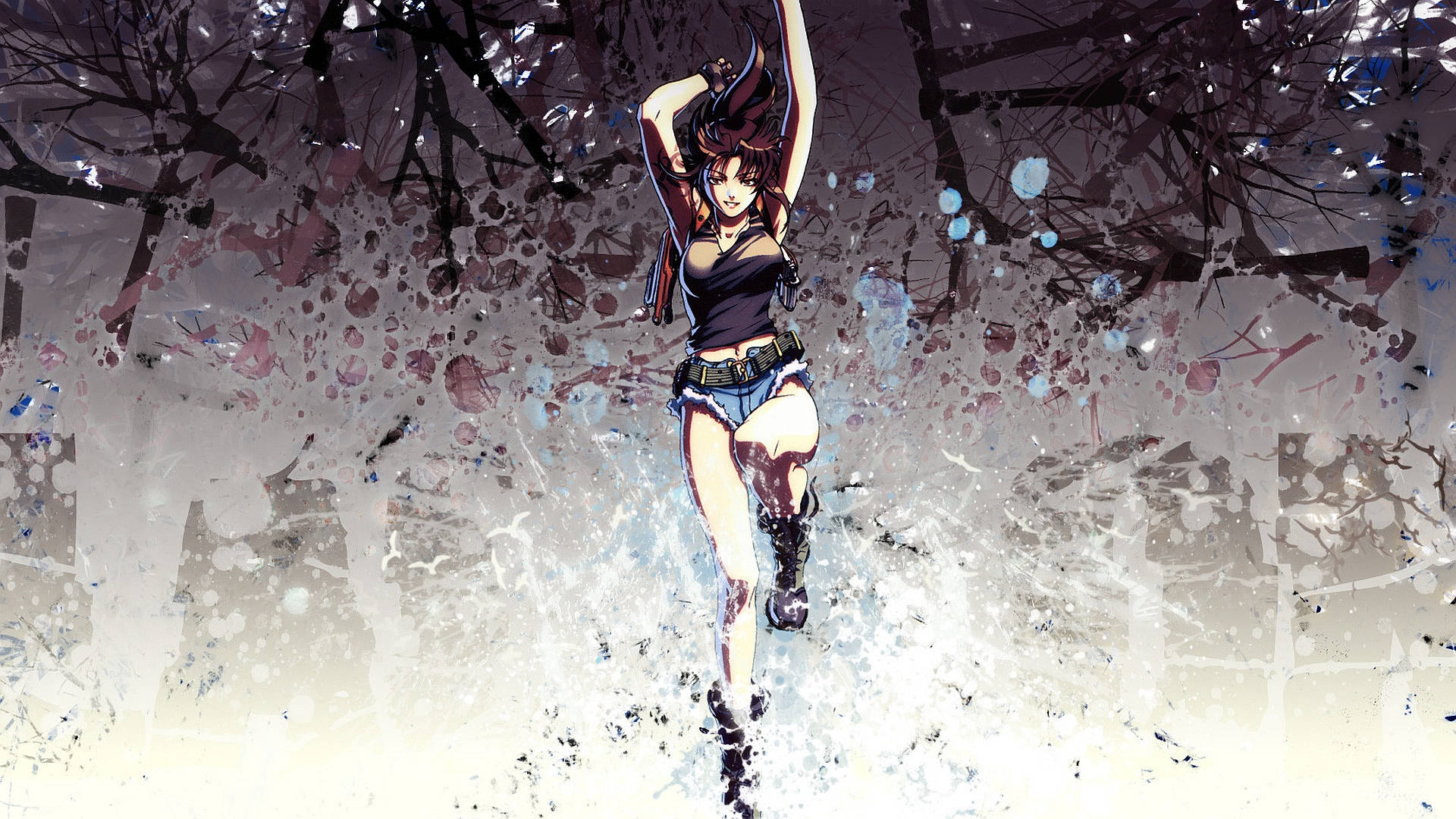 revy 桌布 壁紙 — 一位動感十足的紅髮動漫女孩跳過一個濺滿雪花的冬日場景，周圍有光禿禿的樹木和飄落的雪花。