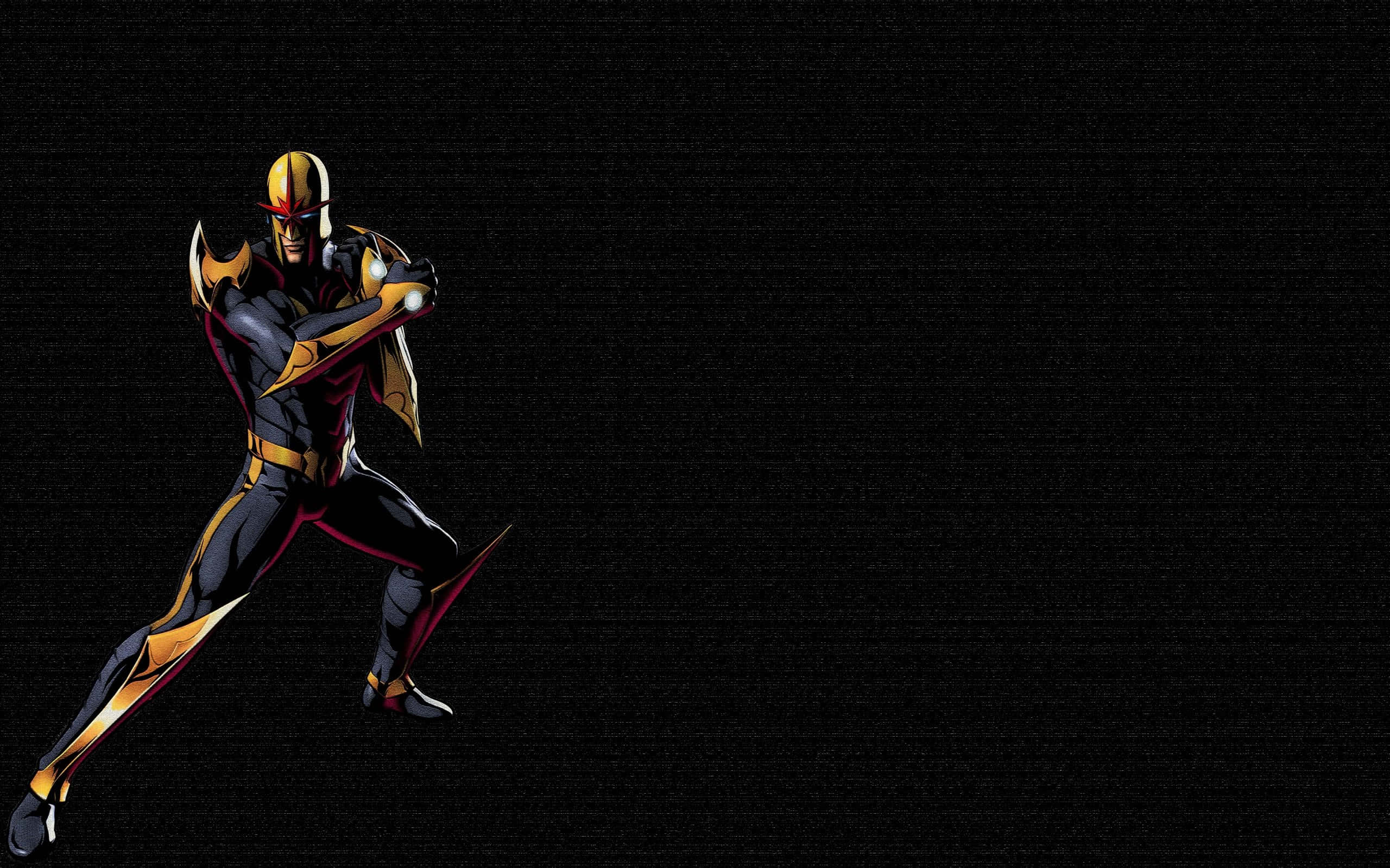 Nova Corps 桌布 壁紙 — 一位動感十足的超級英雄，身穿黑、金、紅三色戰衣，在紋理黑色背景前擺出強而有力的姿勢。
