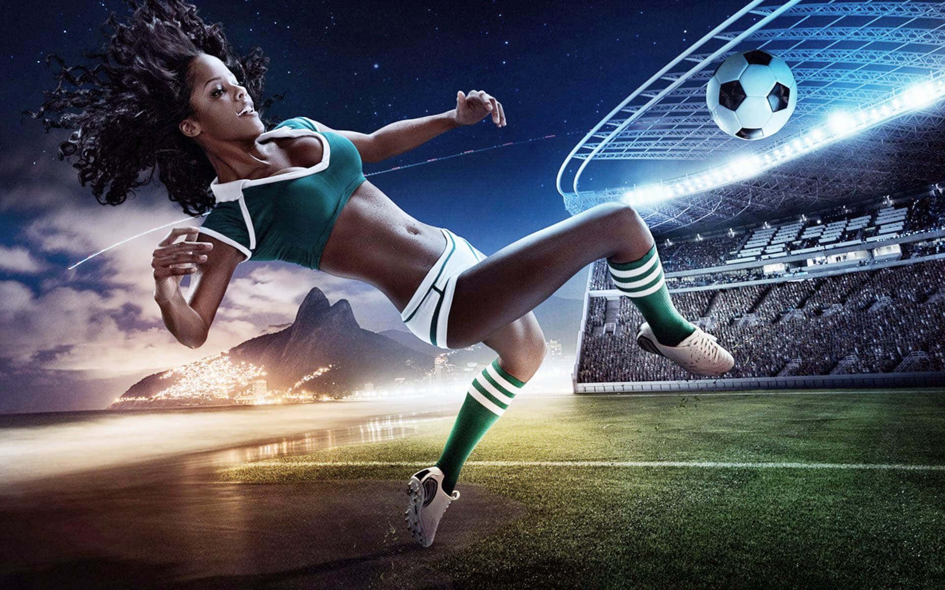 Athletic 桌布 壁紙 — 一位動感的女足球員在發光的體育場中踢球，背景是里約的山脈和城市燈光。