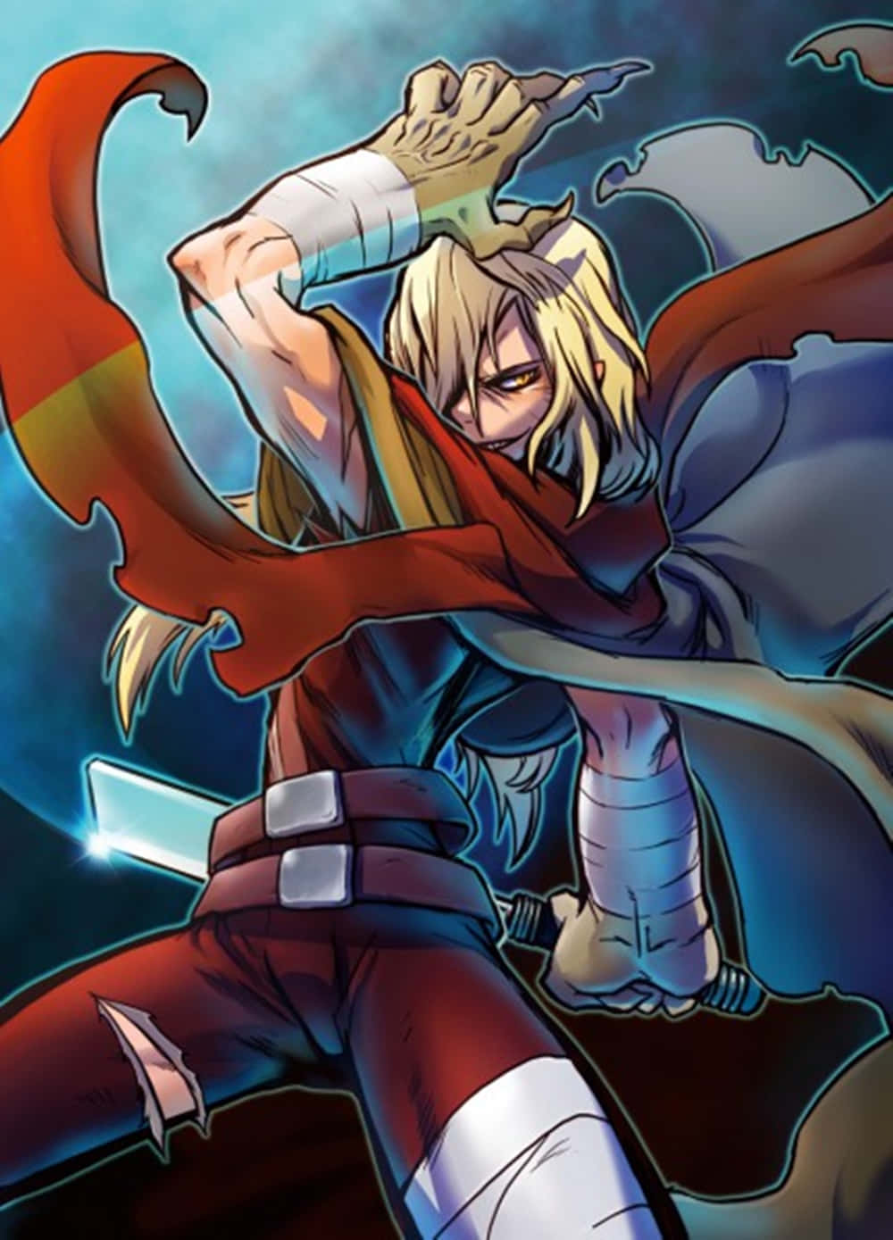 Gurren Lagann Viral 桌布 壁紙 — 一位動態動漫戰士，金髮紅披風，在黑暗暴風雨的天空下，用發光的劍向前猛砍。