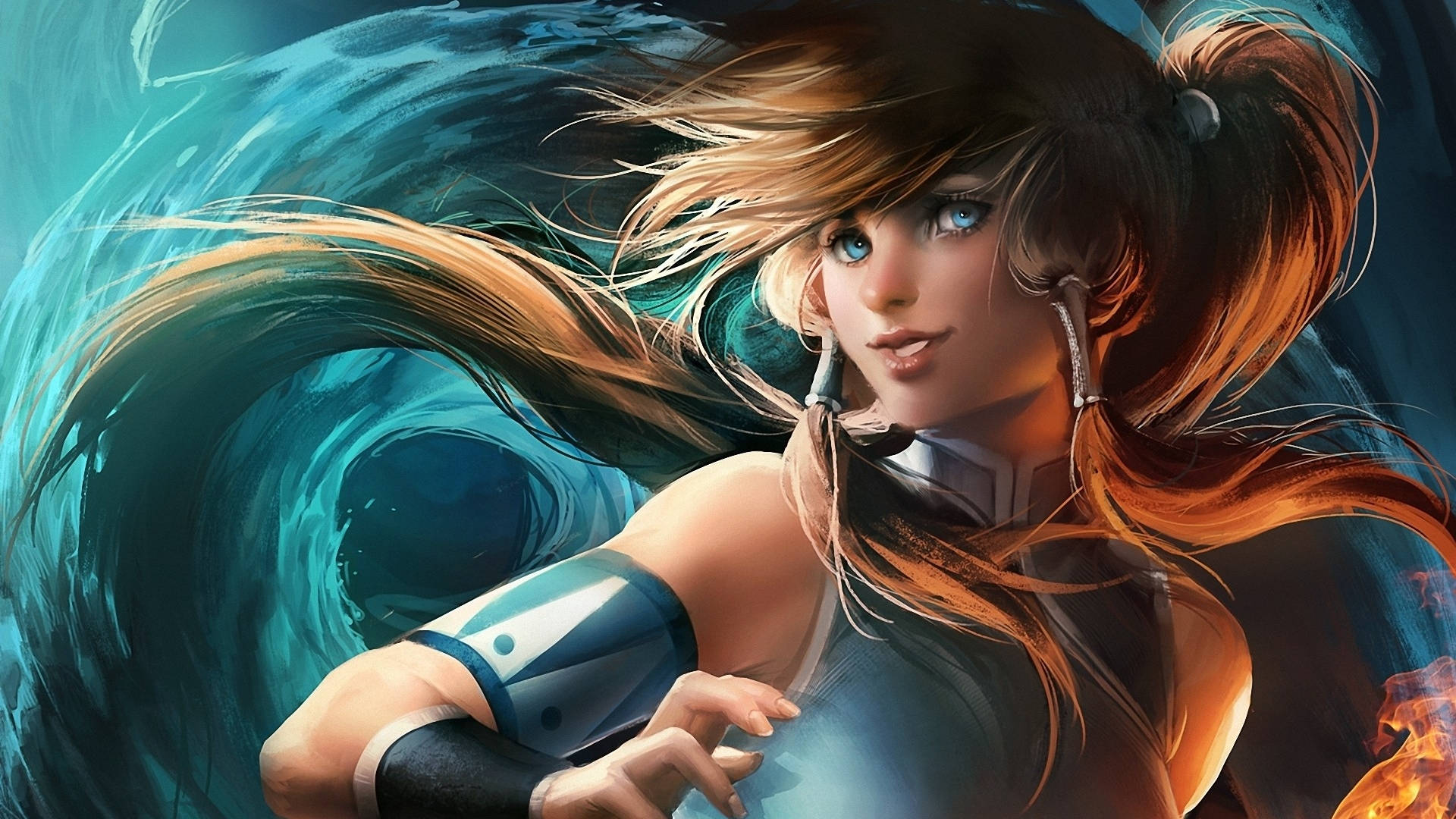 Korra 桌布 壁紙 — 一位動態動漫風格的女戰士，擁有飄逸的頭髮和未來感的盔甲，站在旋轉的青綠色能量和熾熱的橙色點綴之中。