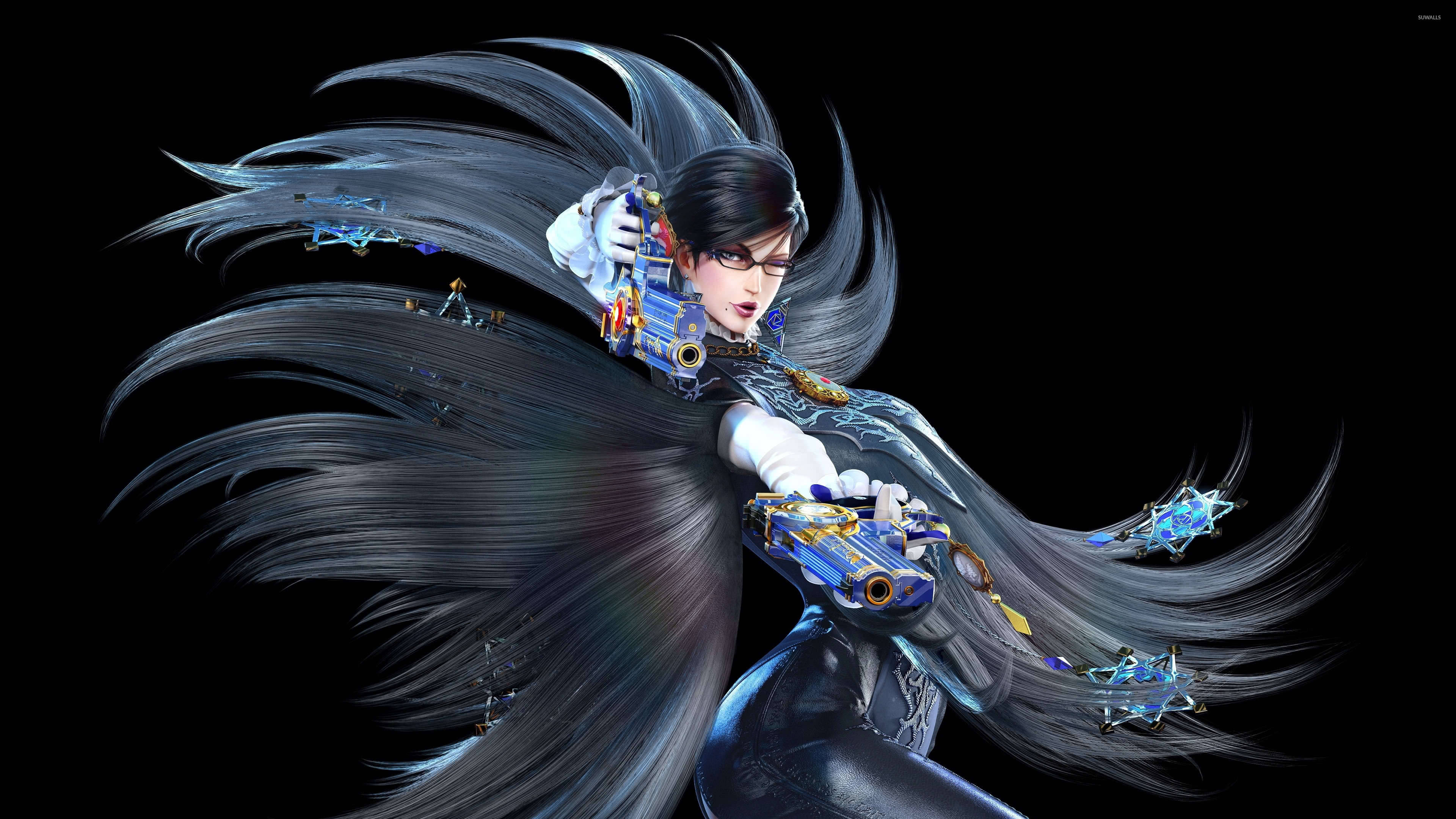 Bayonetta 桌布 壁紙 — 一位動態動漫風格的女特務，長長的黑髮飄逸，在純黑背景前揮舞著未來感的藍色槍枝。