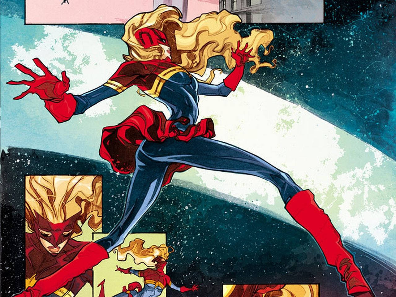 Captain Marvel 桌布 壁紙 — 一位動態漫畫女英雄，擁有飄逸的金色頭髮和紅藍色服裝，跳過星光燦爛的宇宙場景。