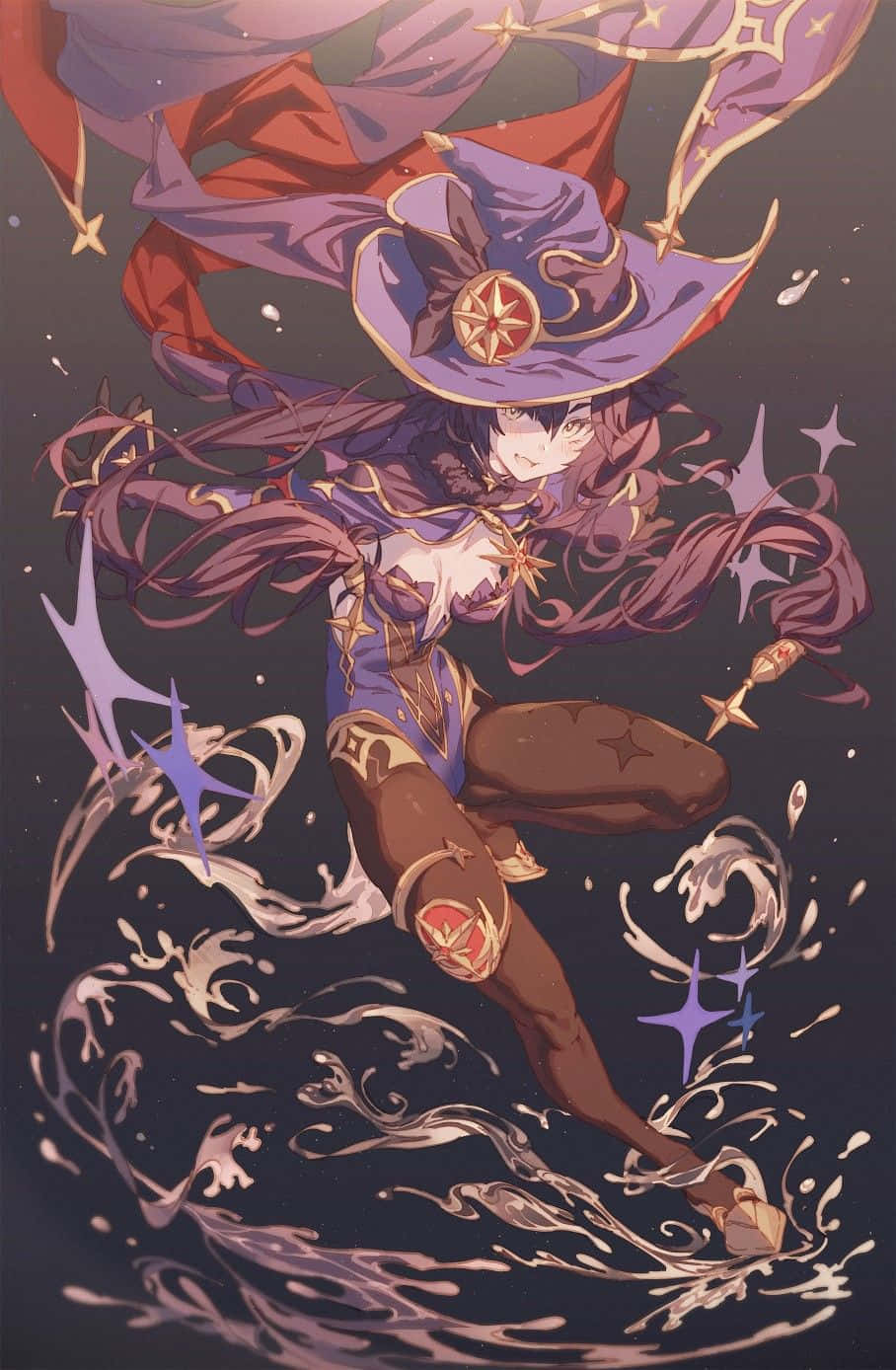 Genshin Impact Mona 桌布 壁紙 — 一位動態的動漫女巫，擁有飄逸的紫色頭髮和星形斗篷，跳過黑暗的水面，周圍環繞著發光的星星和魔法漩渦。