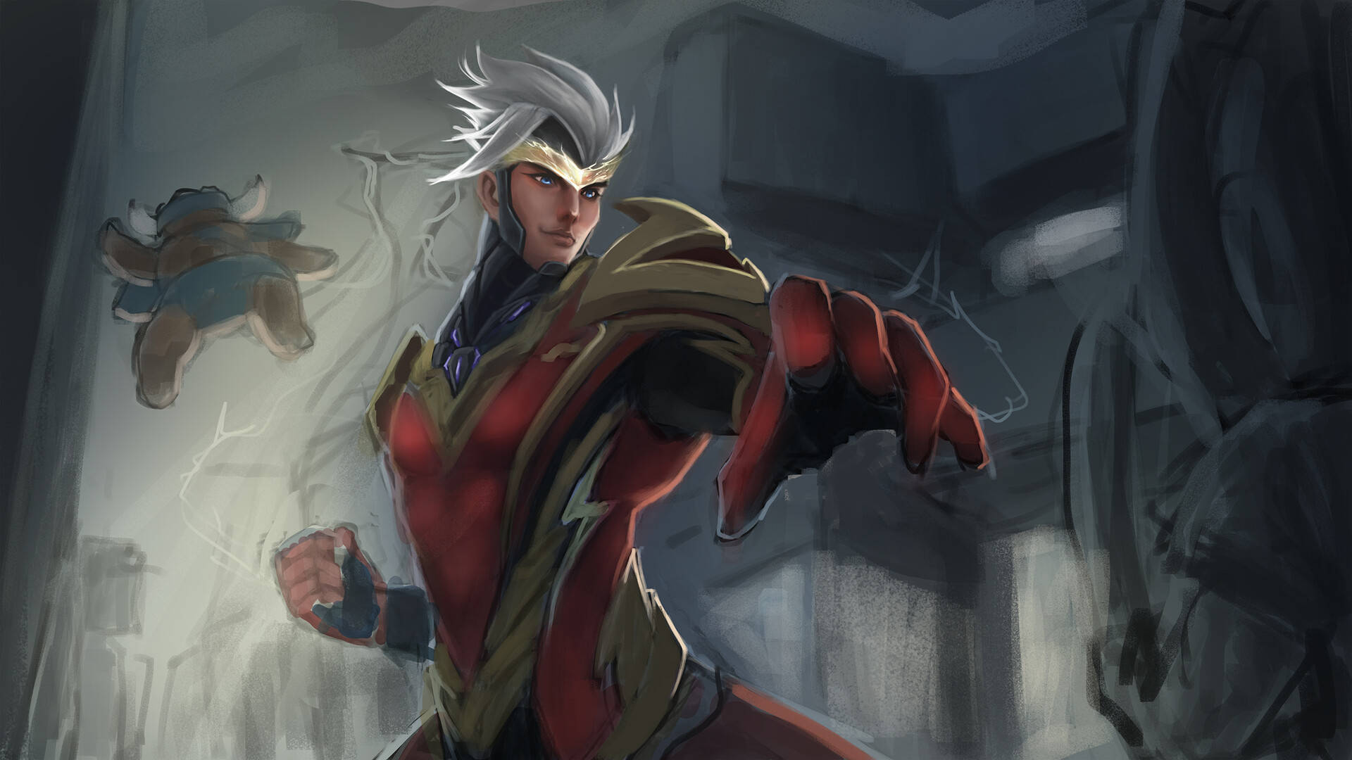 Mobile Legends 動態圖 桌布 壁紙 — 一位動態的動漫戰士，白髮紅甲，在骯髒的城市小巷中向前猛擊。