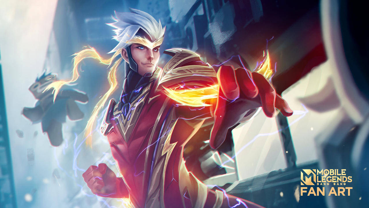 Mobile Legends 動態圖 桌布 壁紙 — 一位動態的動漫戰士，白髮紅甲，在未來城市景觀中引導發光的黃色能量。