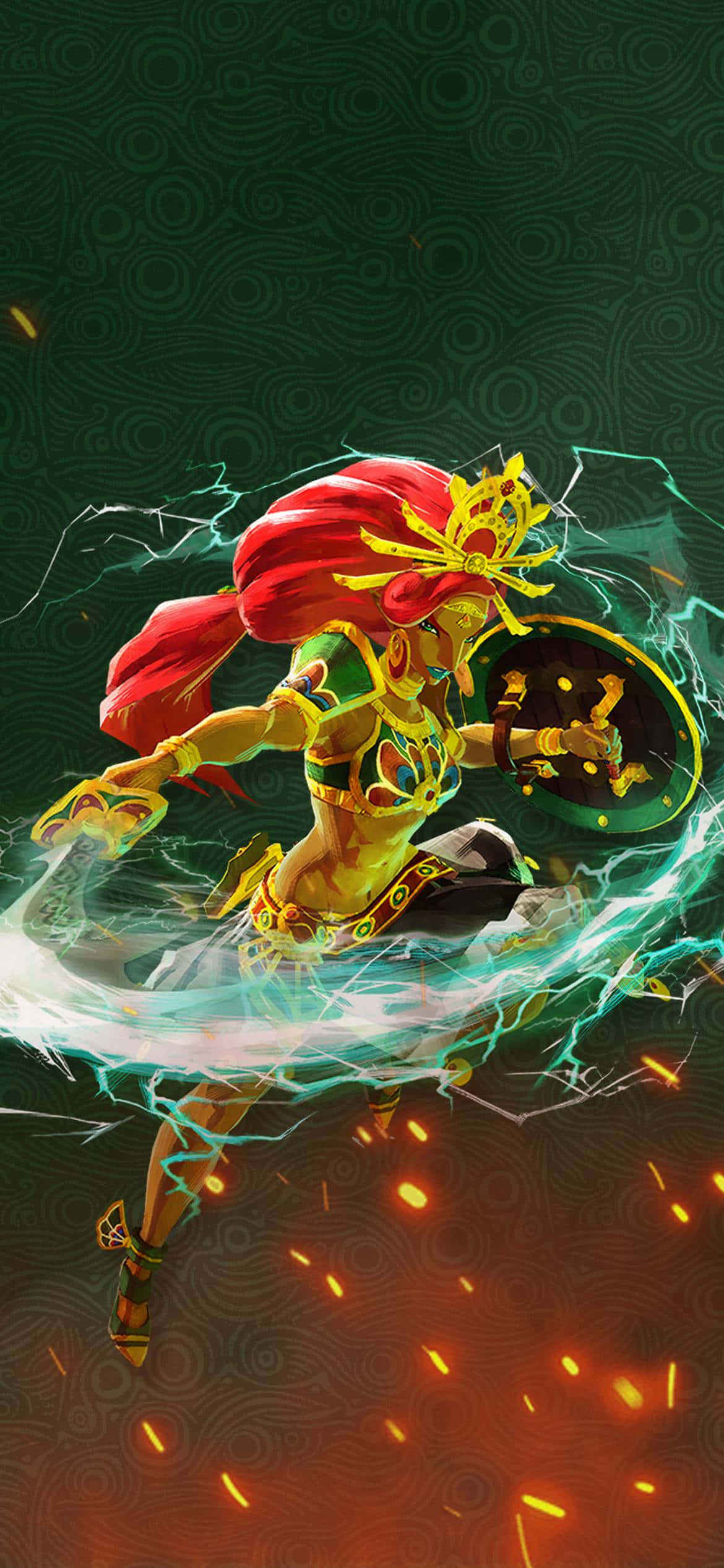 電玩遊戲 桌布 壁紙 — 一位動態的動漫戰士，紅髮金甲，揮舞著發光的盾牌，同時引導電能。