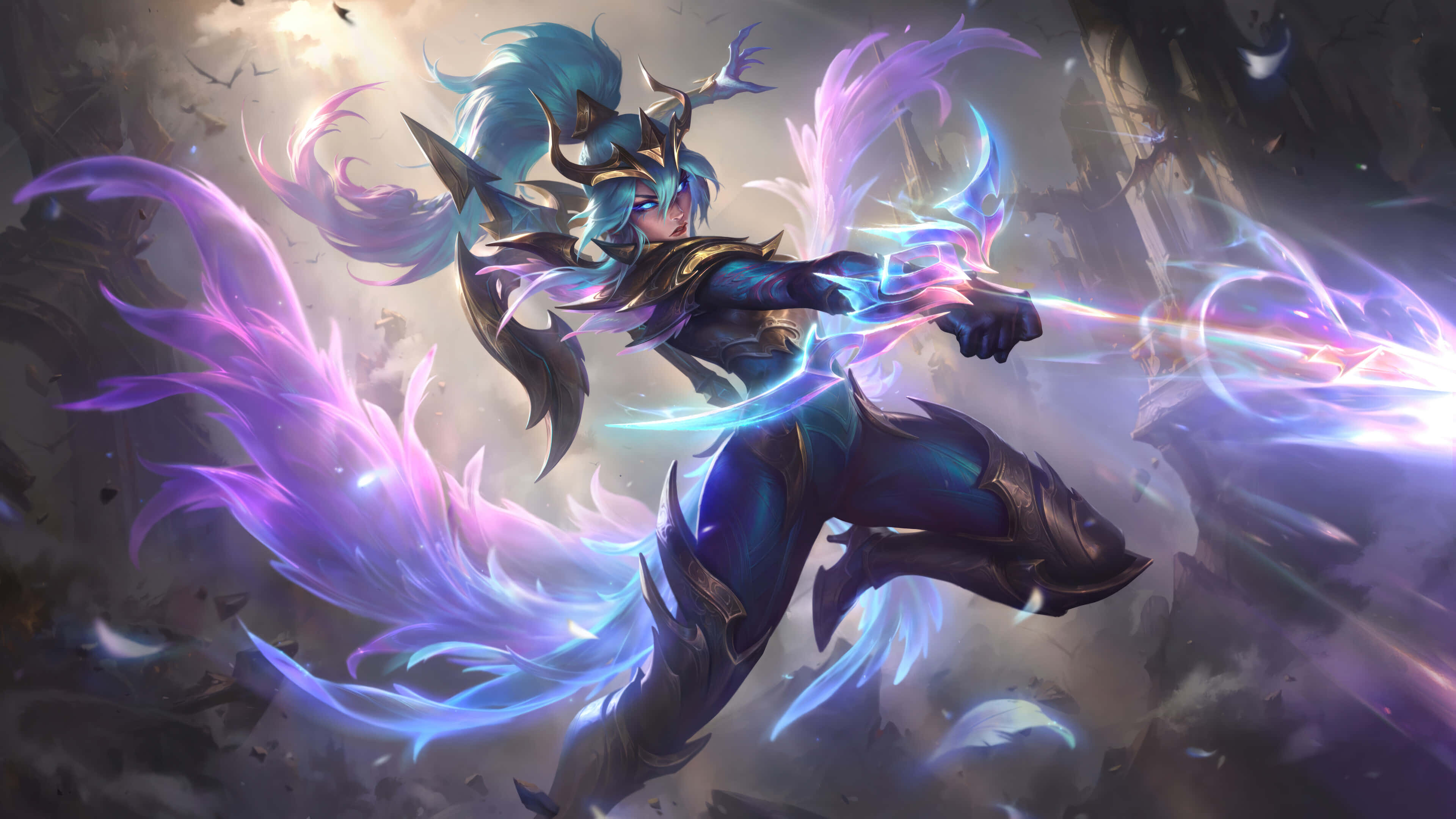 League Of Legends Champions 桌布 壁紙 — 一位動態的動漫戰士，藍色頭髮和發光的紫色能量，在暴風雨的戰場上揮砍。