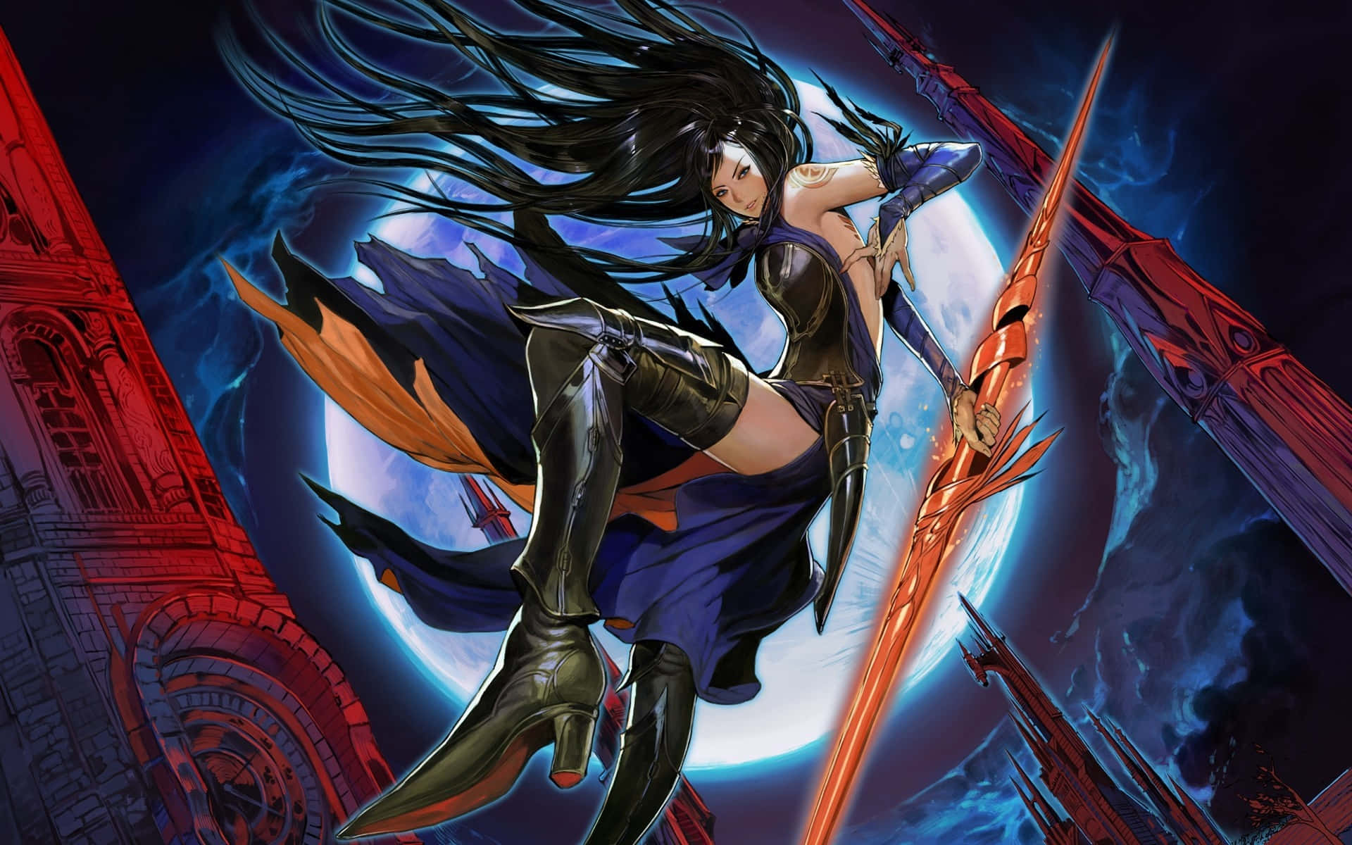 Castlevania 桌布 壁紙 — 一位動態的動漫戰士，長長的黑髮，在滿月和紅色建築的宇宙背景下揮舞著發光的劍。