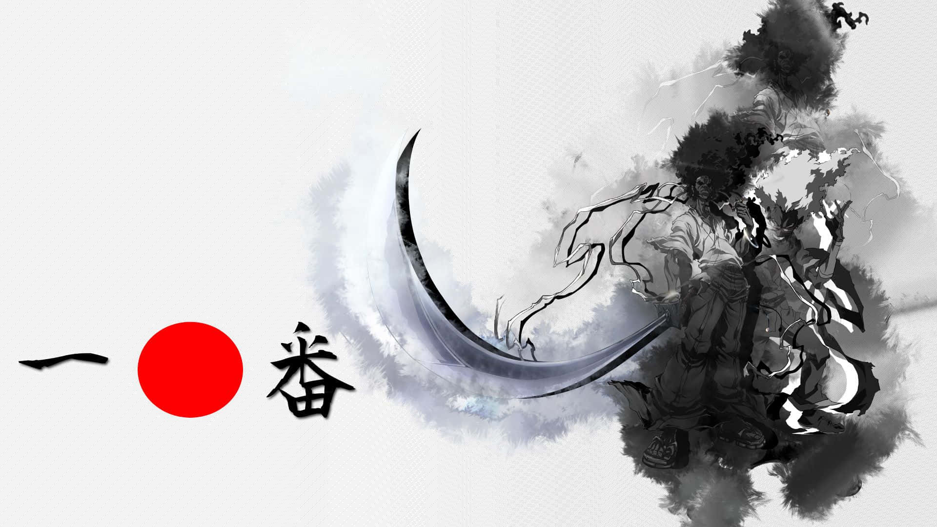 Afro Samurai 桌布 壁紙 — 一位動態的動漫戰士在墨水飛濺的動作中揮舞著彎曲的刀刃，周圍環繞著粗體的日文字元和鮮紅色的圓圈。