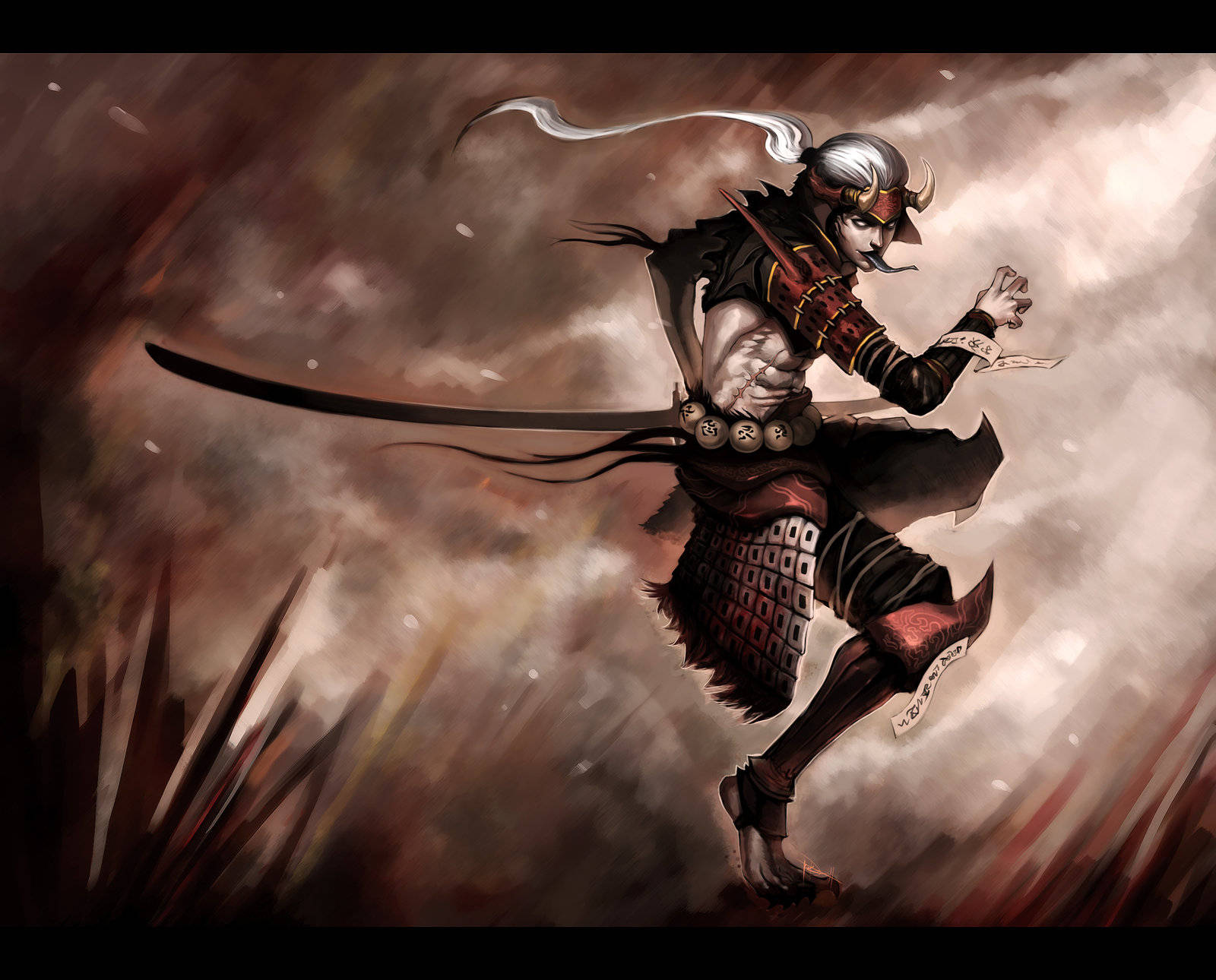 Anime Samurai 桌布 壁紙 — 一位動態的動漫武士戰士拔劍向前躍起，背景是風暴般的戰場。