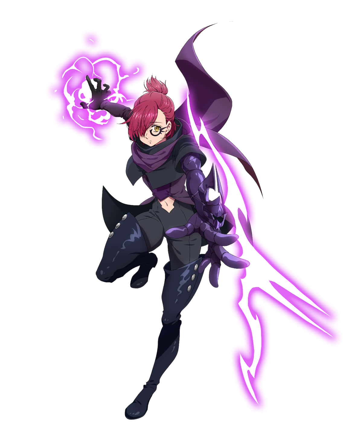 Seven Deadly Sins Gowther 桌布 壁紙 — 一位動態的動畫法師，擁有粉紅色頭髮和紫色斗篷，以強大的姿勢引導發光的紫色能量。