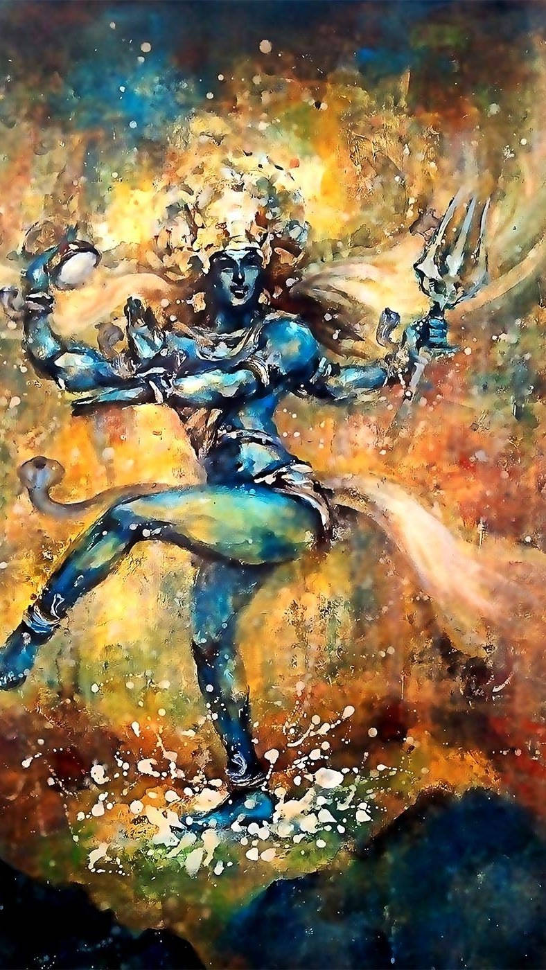 Painting 桌布 壁紙 — 一位動態的藍皮膚神祇，有多隻手臂，在旋轉的金色和橙色宇宙能量中以充滿活力的水彩風格跳舞。