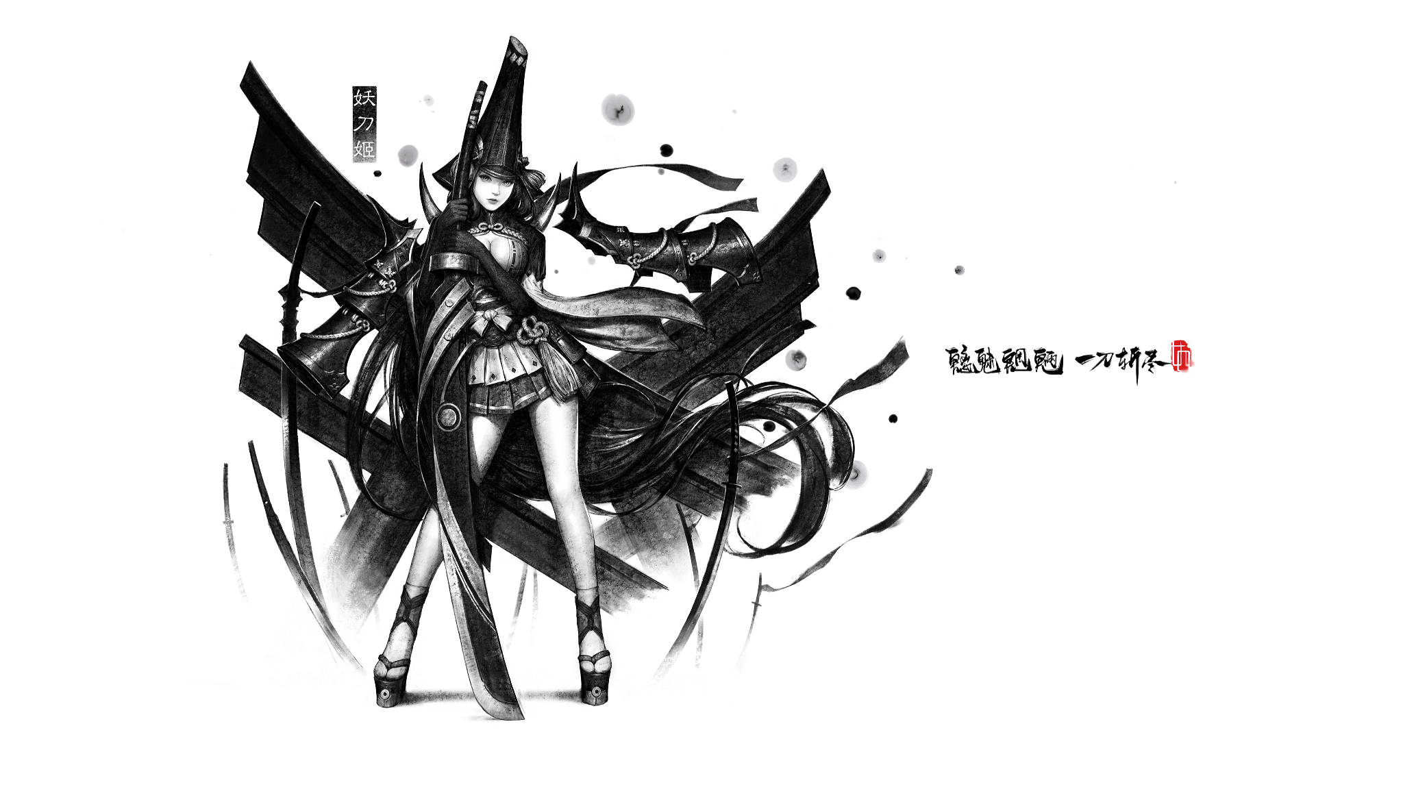 Naraka 桌布 壁紙 — 一位動態的黑白動漫女戰士，披著飄逸的斗篷和華麗的盔甲，在純白背景前蓄勢待發。