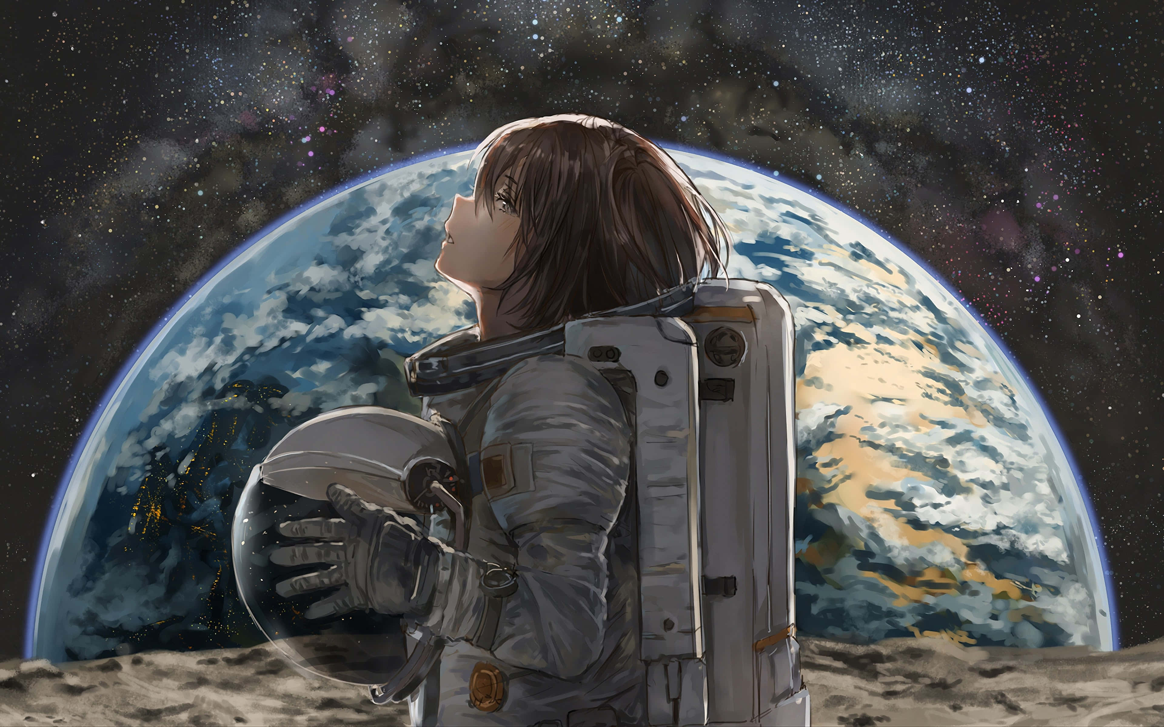 4K Anime Space 桌布 壁紙 — 一位動漫太空人從月球凝視地球，手持頭盔，置身於繁星點點的宇宙場景中。