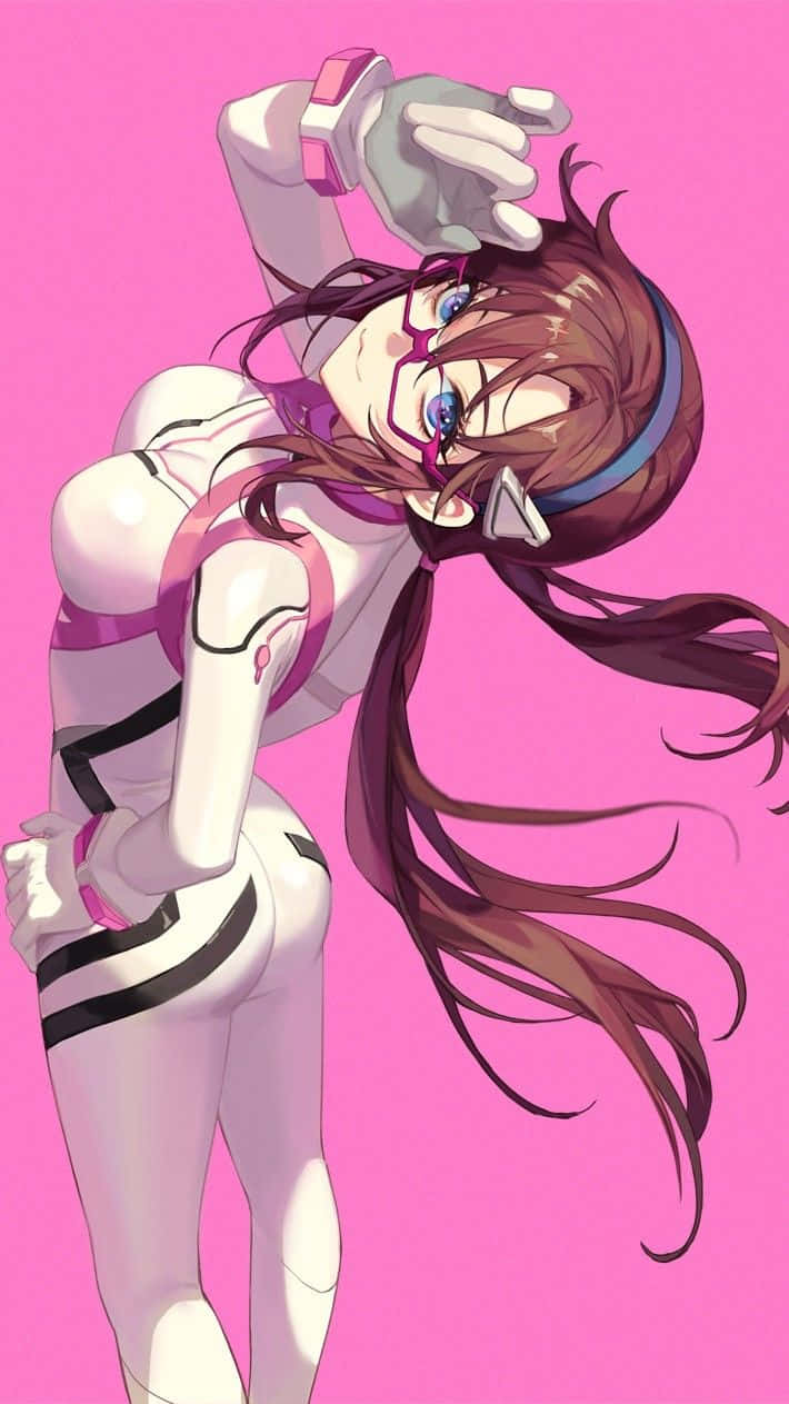 Mari Illustrious Makinami 桌布 壁紙 — 一位動漫女孩穿著白色和粉紅色的未來風格套裝，在純粉色背景前動態擺姿勢。