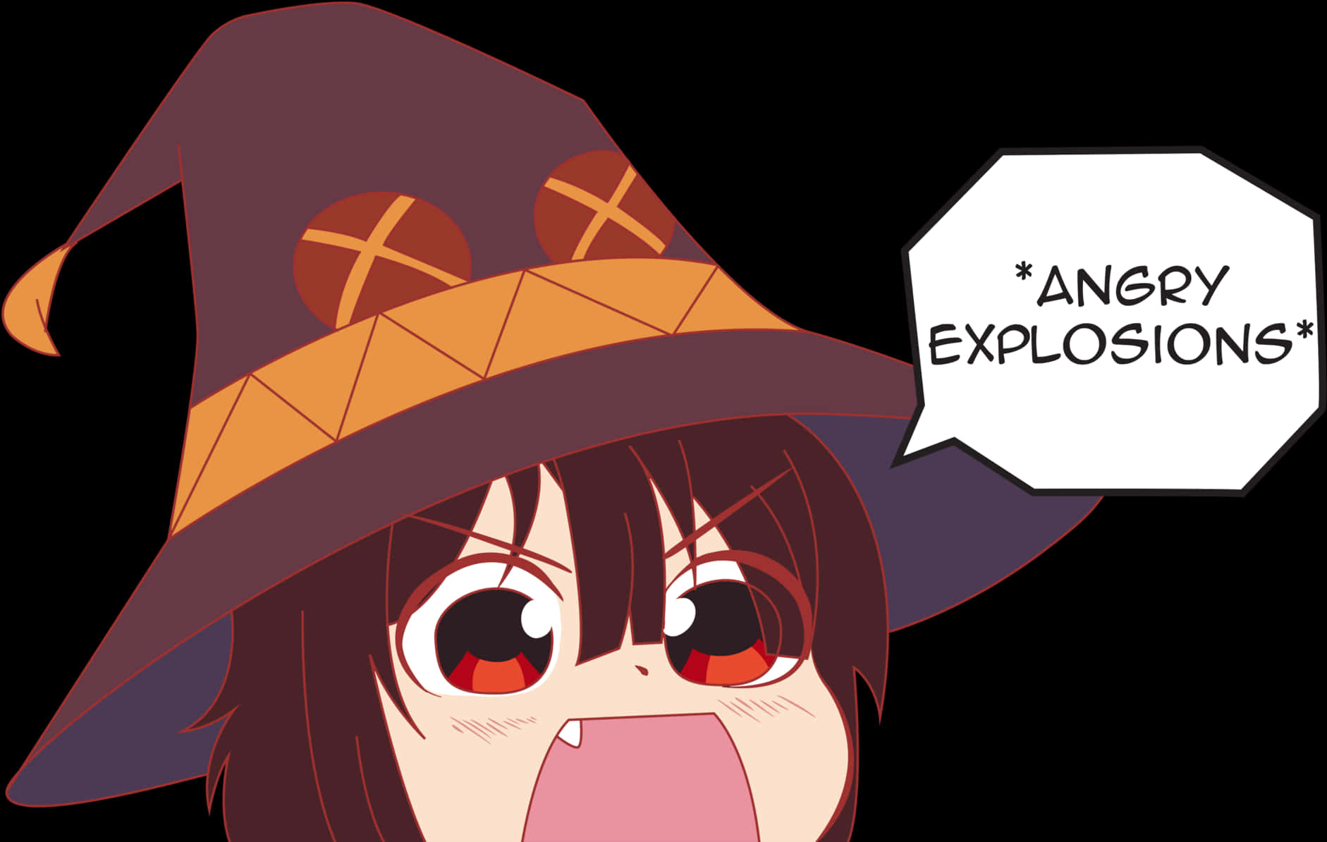 Megumin 桌布 壁紙 — 一位動漫女巫，紅眼睛，張大嘴巴，戴著紫色和橙色的帽子，在黑色背景上憤怒地喊出爆炸。