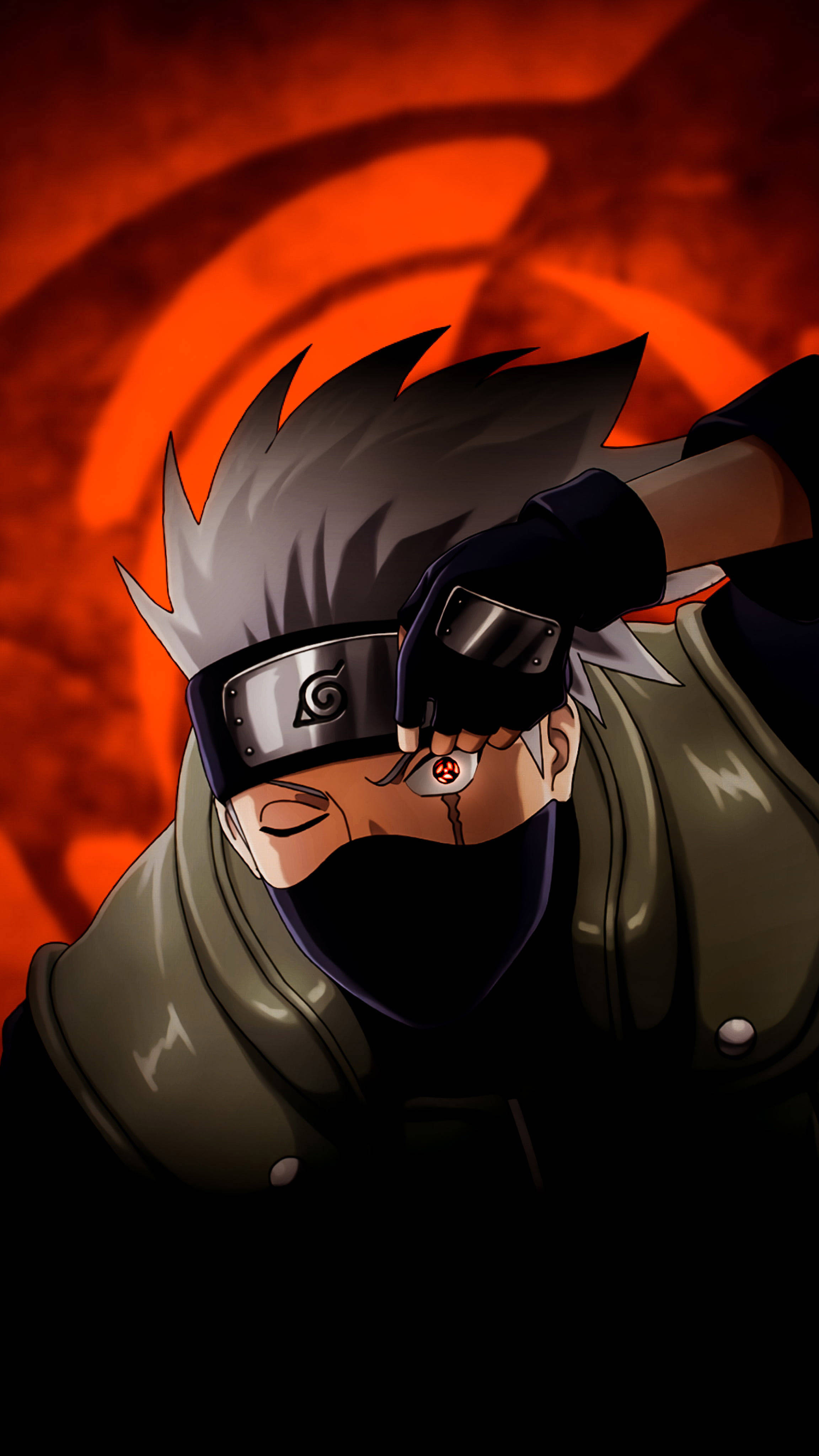 kakashi pfp 桌布 壁紙 — 一位動漫忍者，擁有尖刺的灰色頭髮和頭帶，在旋轉的熾熱橙色背景中激活了紅色眼睛的技術。