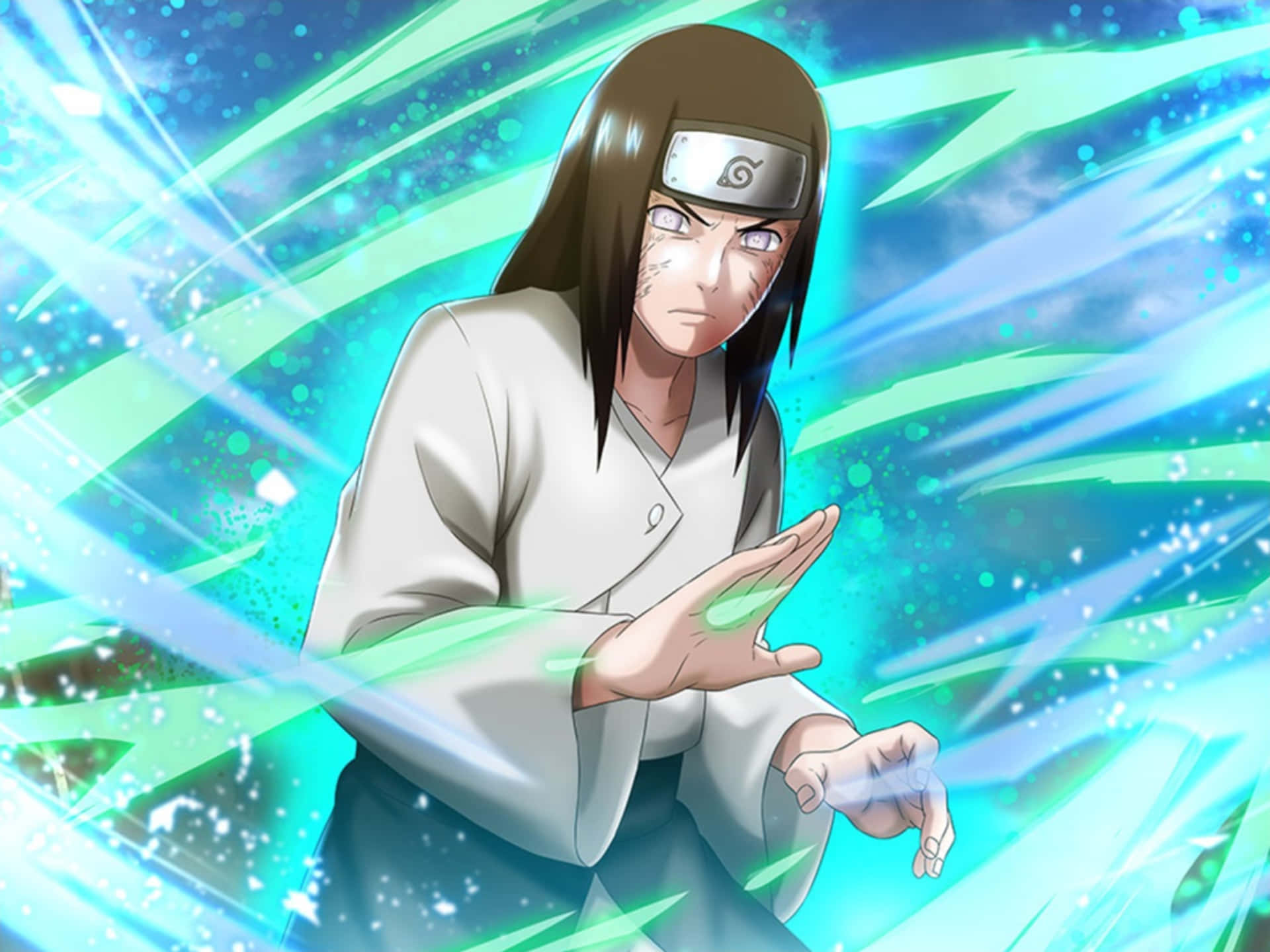 Neji Hyuga 桌布 壁紙 — 一位動漫忍者正集中精神，在動態藍色能量背景下引導發光的綠色查克拉。