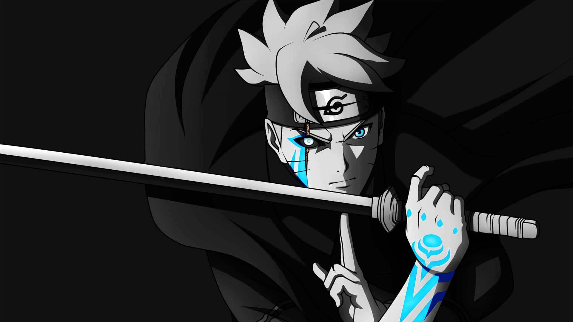 Boruto Naruto Next Generations 桌布 壁紙 — 一位動漫戰士，擁有尖刺白髮和藍色眼睛標記，在黑暗背景中緊握著劍。