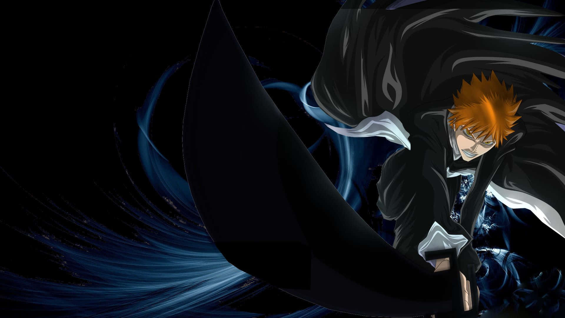 Bleach Anime 桌布 壁紙 — 一位動漫戰士，擁有尖刺的橙色頭髮和飄逸的黑色外套，動態地站在旋轉的深藍色能量背景前。