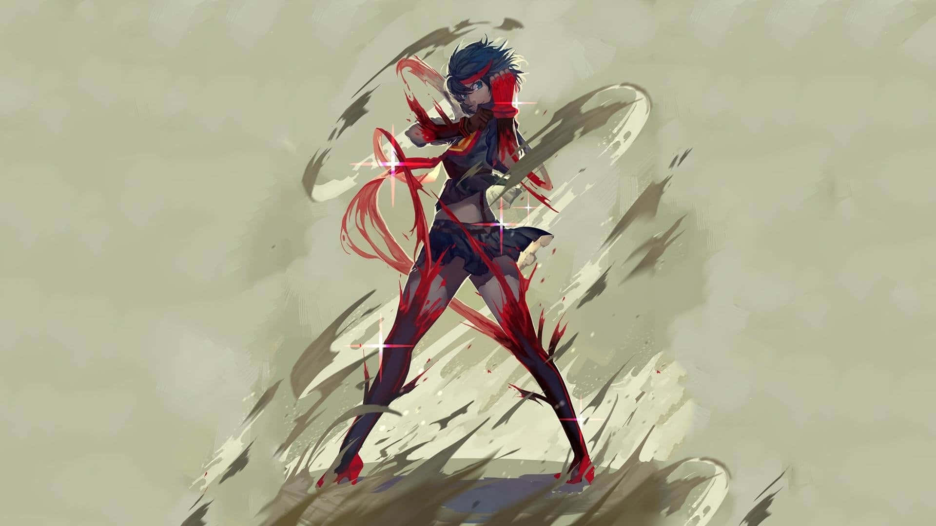 Kill La Kill Senketsu 桌布 壁紙 — 一位動漫戰士，擁有尖刺的藍色頭髮和紅色能量斬擊，在柔和的米色背景上動態攻擊。