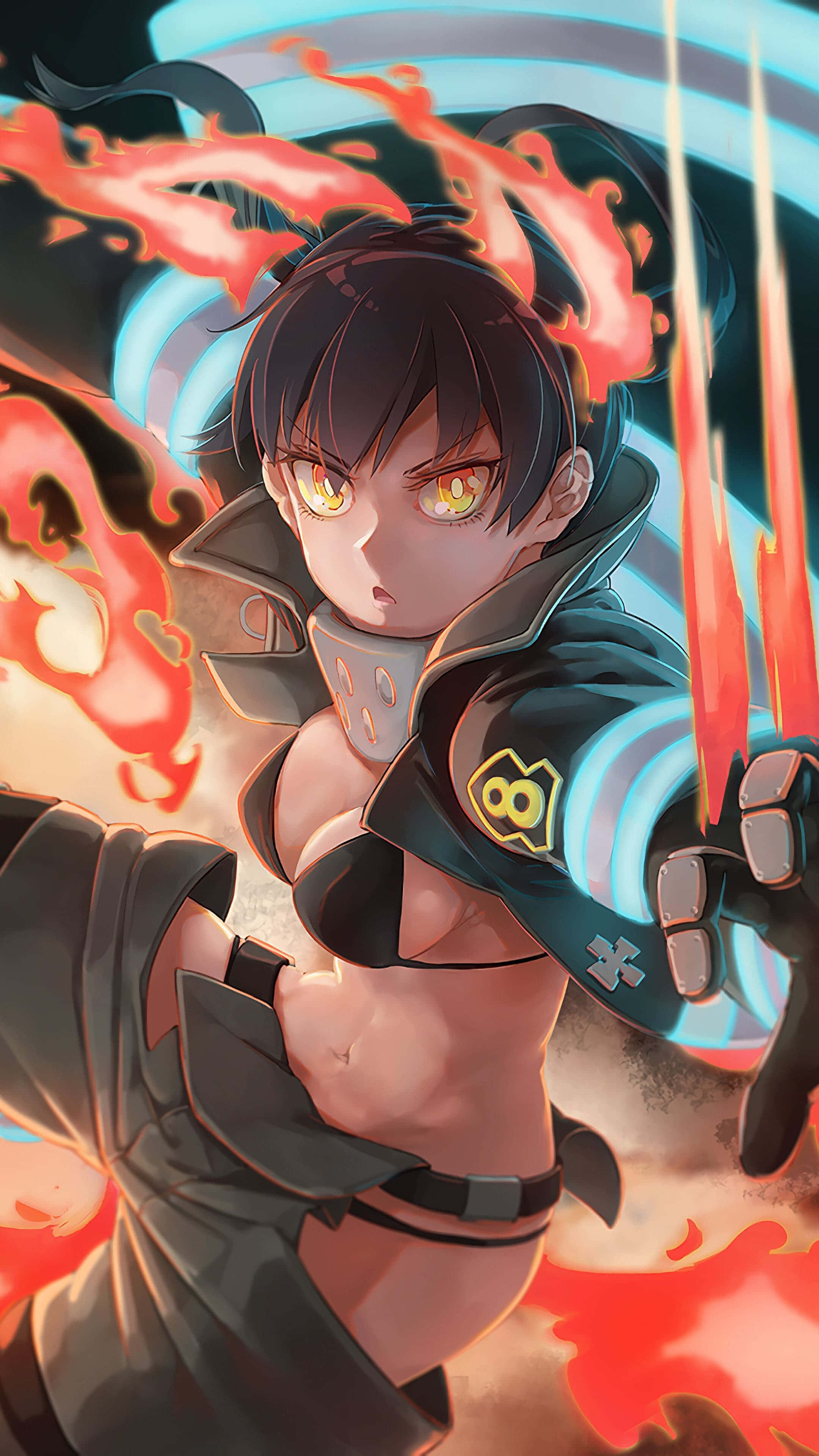 Anime Fire 桌布 壁紙 — 一位動漫戰士，擁有發光的黃色眼睛和周圍熾熱的紅色能量，擺出動態的戰鬥姿勢。