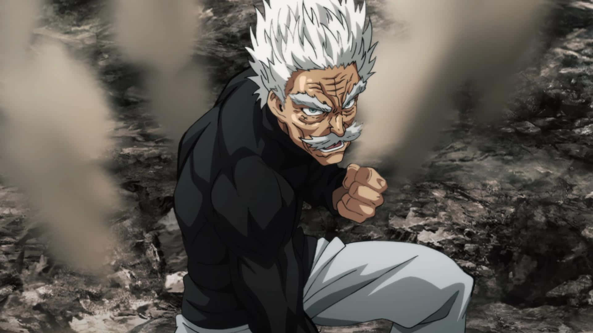One Punch Man Bang 桌布 壁紙 — 一位動漫戰士，有著尖刺的白髮和鬍子，蹲在塵土飛揚的岩石地形中，握緊拳頭準備戰鬥。