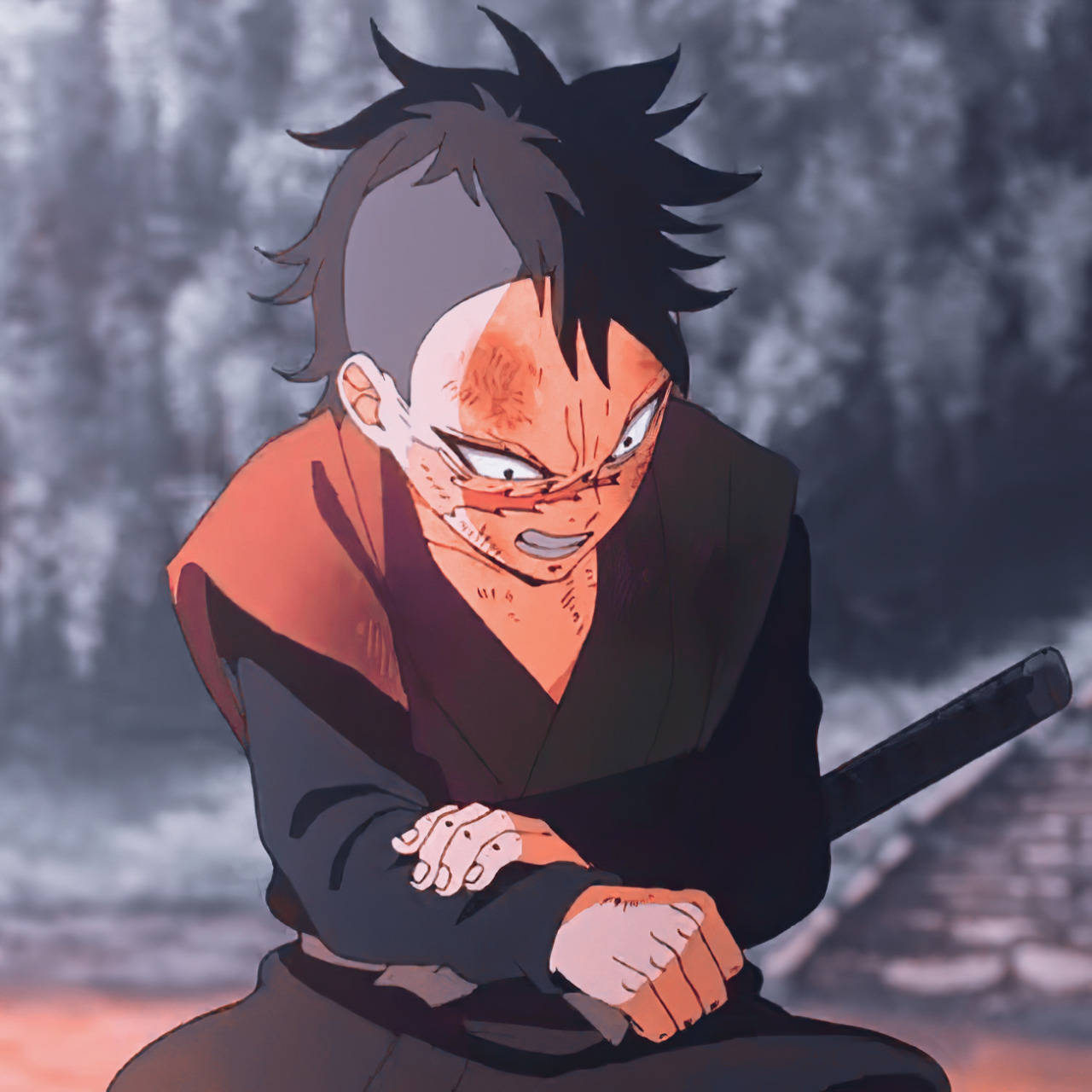 genya 桌布 壁紙 — 一位動漫戰士，有著尖刺頭髮和傷痕累累的臉，在雪景背景下以緊張的戰鬥姿勢握劍。
