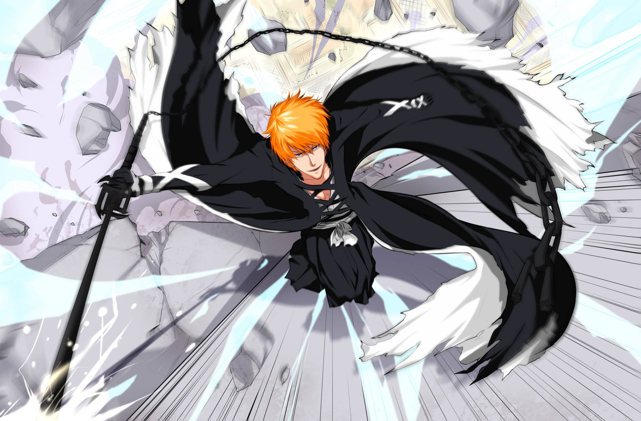 Bankai 桌布 壁紙 — 一位動漫戰士，橙色頭髮，黑色斗篷，用發光的劍劈開破碎的石頭。