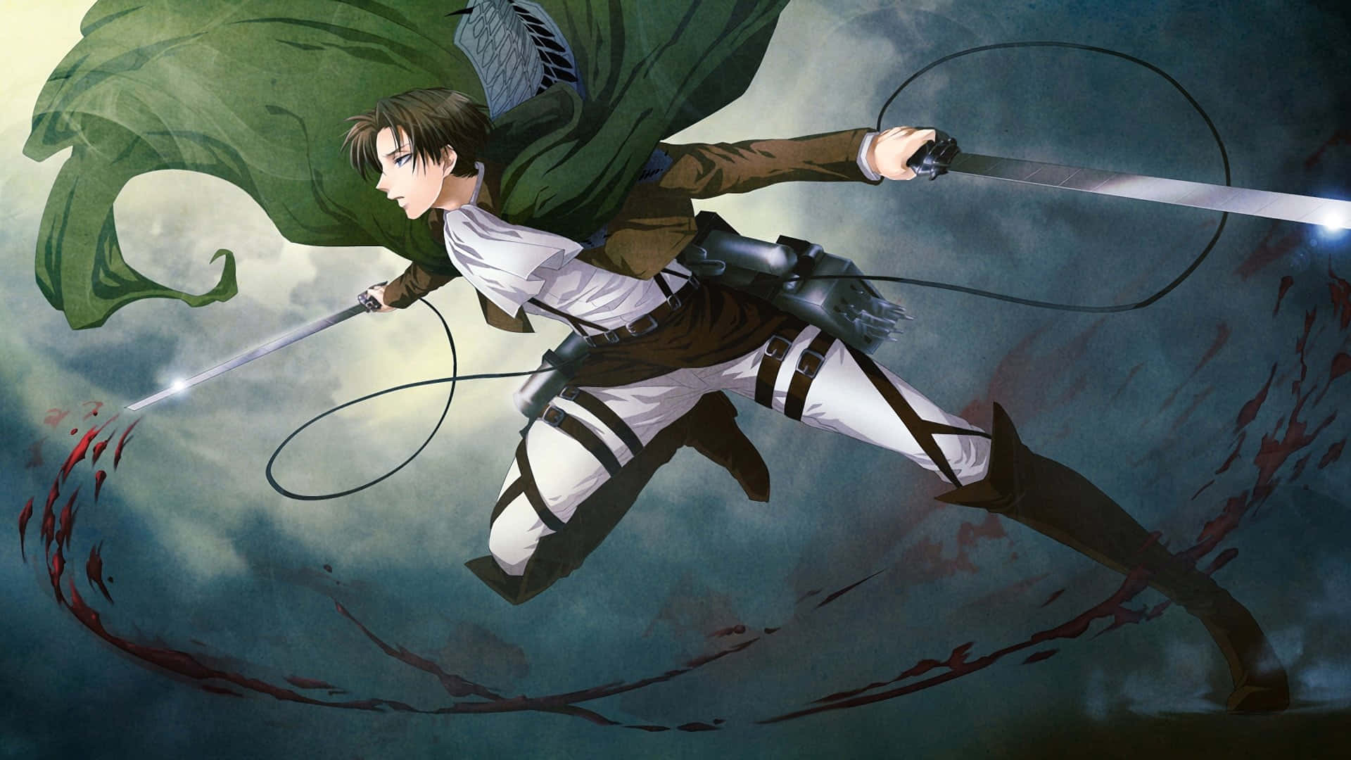 Levi Ackerman Desktop 桌布 壁紙 — 一位動漫戰士在暴風雨中翱翔，揮舞著發光的劍，綠色斗篷在身後飄揚。