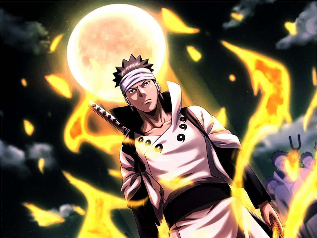 Asura ōtsutsuki 桌布 壁紙 — 一位動漫戰士在發光的滿月下，被熾熱的橙色能量和烏雲包圍，挑釁地站立著。