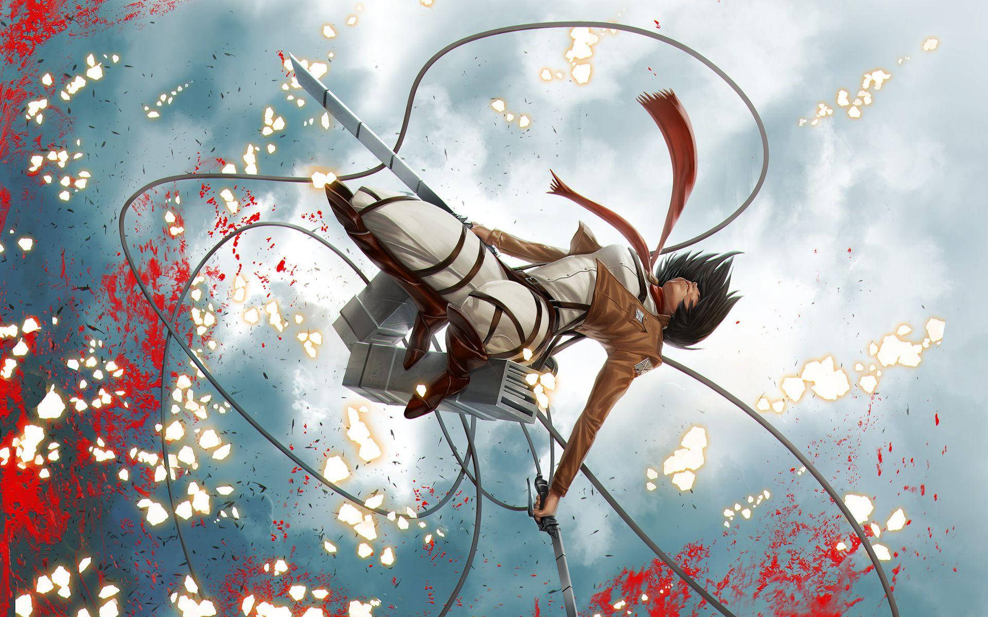 Mikasa 桌布 壁紙 — 一位動漫戰士在陰雲密佈的天空中翱翔，揮舞著劍，同時在紅色和白色的爆炸中發射抓鉤。
