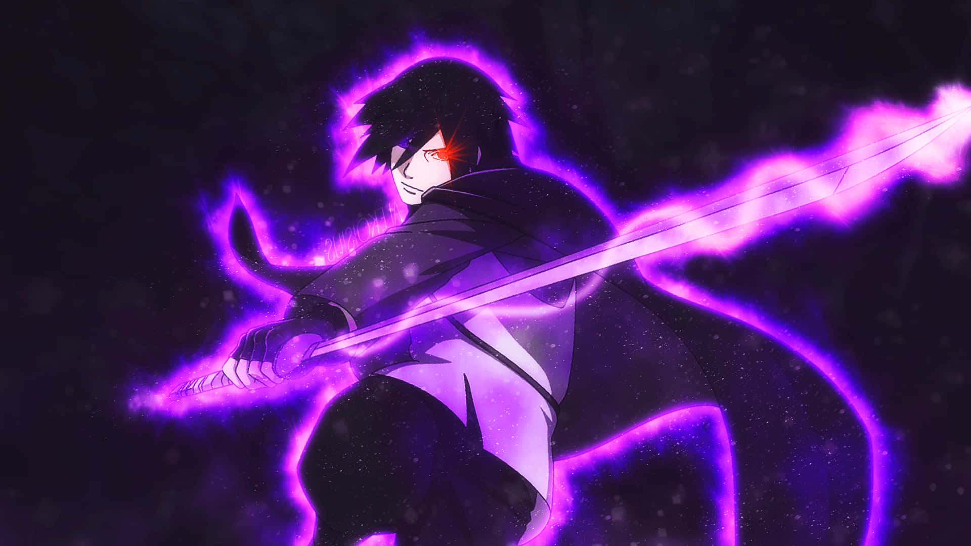 Purple Sasuke 桌布 壁紙 — 一位動漫戰士在黑暗的宇宙背景下揮舞著發光的紫色劍，周圍有閃爍的粒子。