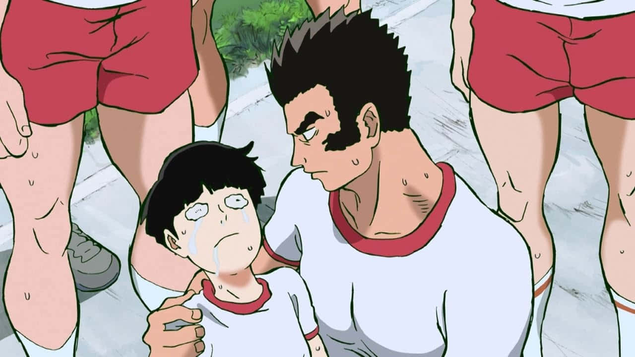 Musashi Goda 桌布 壁紙 — 一位動漫教練在緊張的體育時刻安慰一位穿著紅色短褲哭泣的球員。