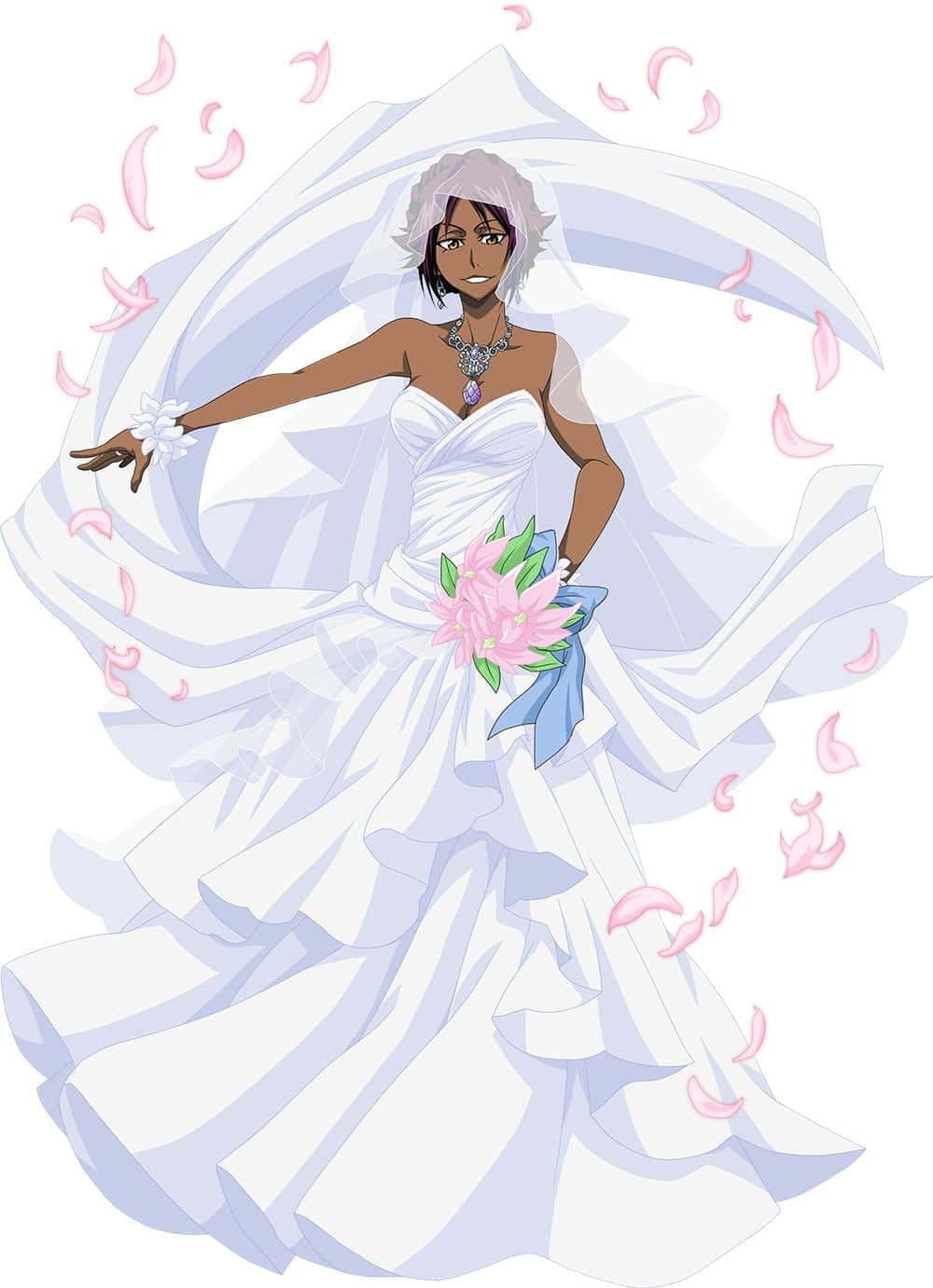 Yoruichi Shihoin 桌布 壁紙 — 一位動漫新娘穿著飄逸的白色婚紗，手持粉紅色花束，花瓣在她周圍動態旋轉。