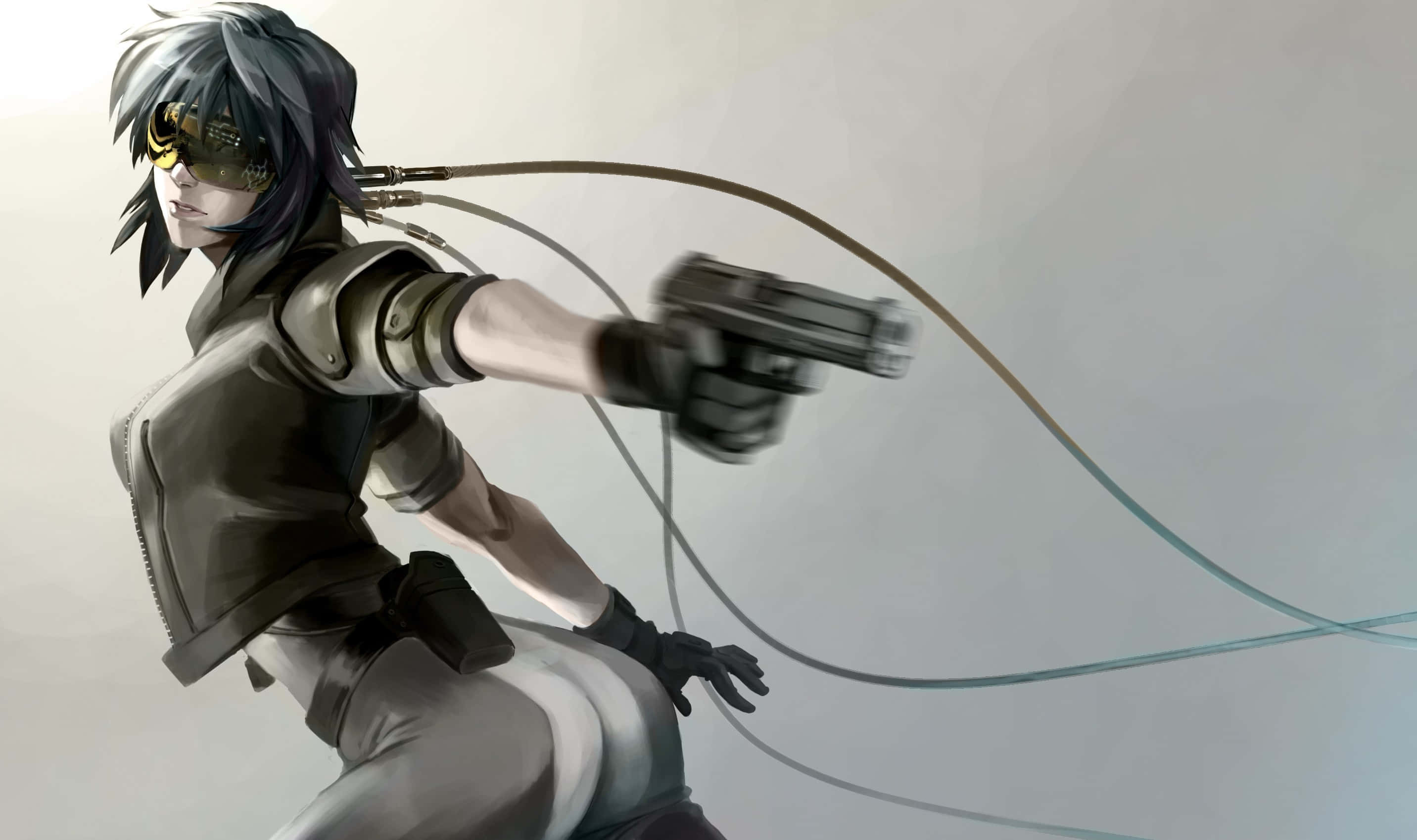 Ghost In The Shell Logicoma 桌布 壁紙 — 一位動漫風格的女刺客，深色頭髮，戴著護目鏡，在純色背景上以動態動作線瞄準手槍。