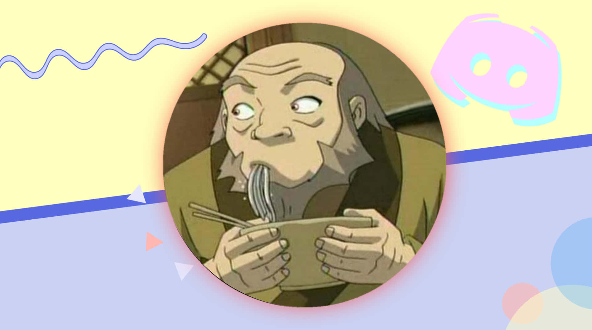 Uncle Iroh 桌布 壁紙 — 一位動畫老人露出驚訝的表情，在色彩繽紛的抽象背景前用筷子吃麵條。