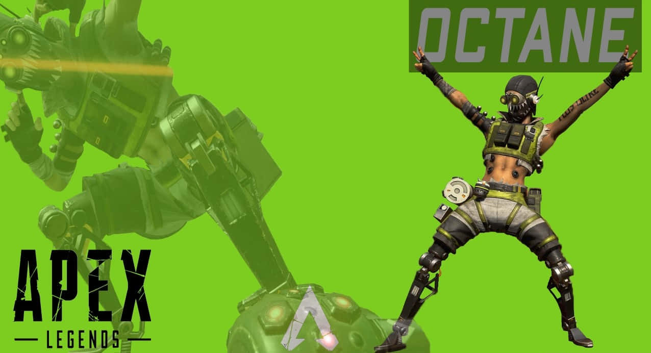 720p Apex Legends 桌布 壁紙 — 一位勝利的Apex Legends角色Octane在充滿活力的綠色背景前高舉雙臂擺姿勢，背景中有一個機甲剪影。