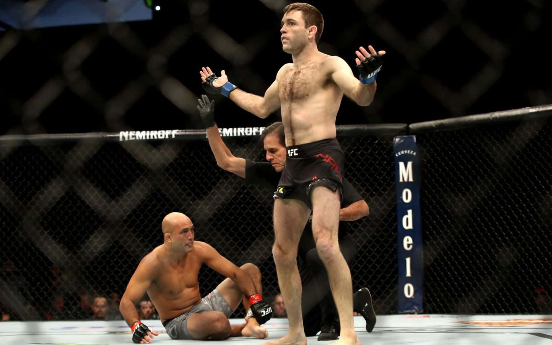 UFC 桌布 壁紙 — 一位勝利的MMA拳手在八角籠中凱旋，而他的對手則坐在墊子上落敗。