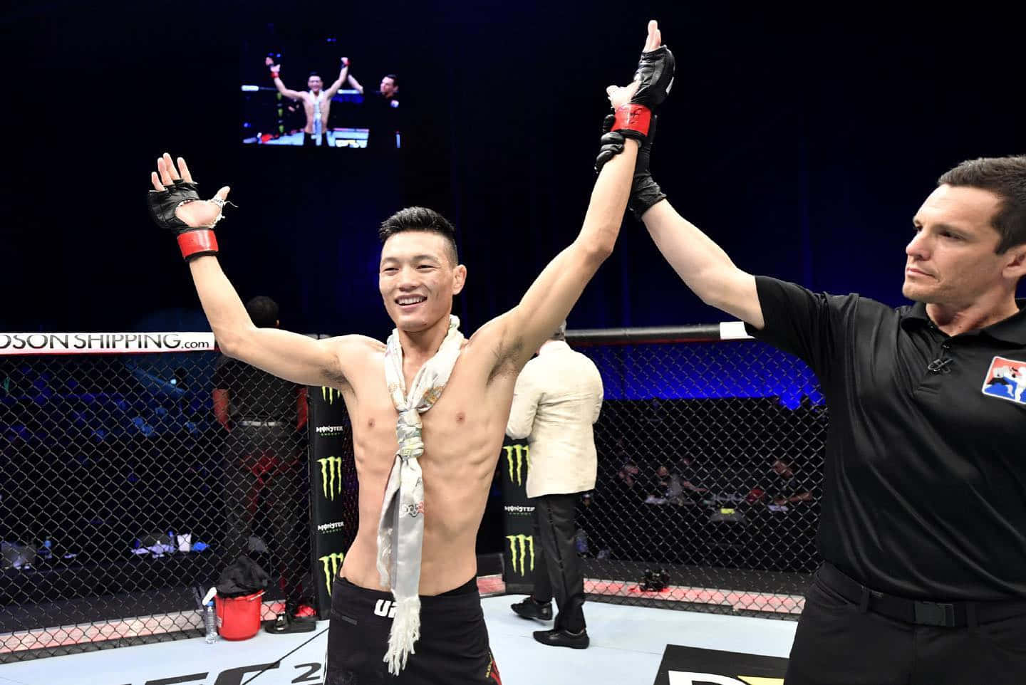 Victory 桌布 壁紙 — 一位勝利的MMA拳手在明亮的場館燈光下，於八角籠中高舉雙臂慶祝，裁判舉起他的手。