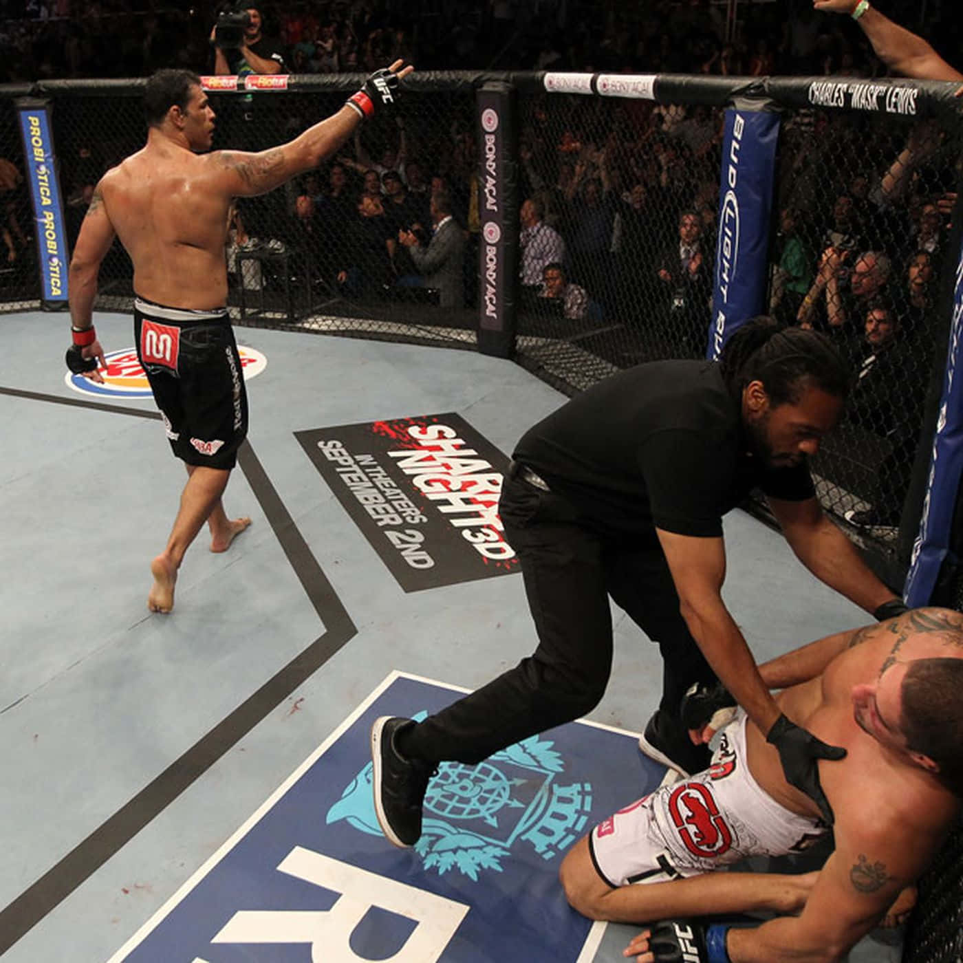 MMA 桌布 壁紙 — 一位勝利的MMA拳手高舉手臂慶祝勝利，裁判停止比賽並在八角籠地板上照顧他的對手。