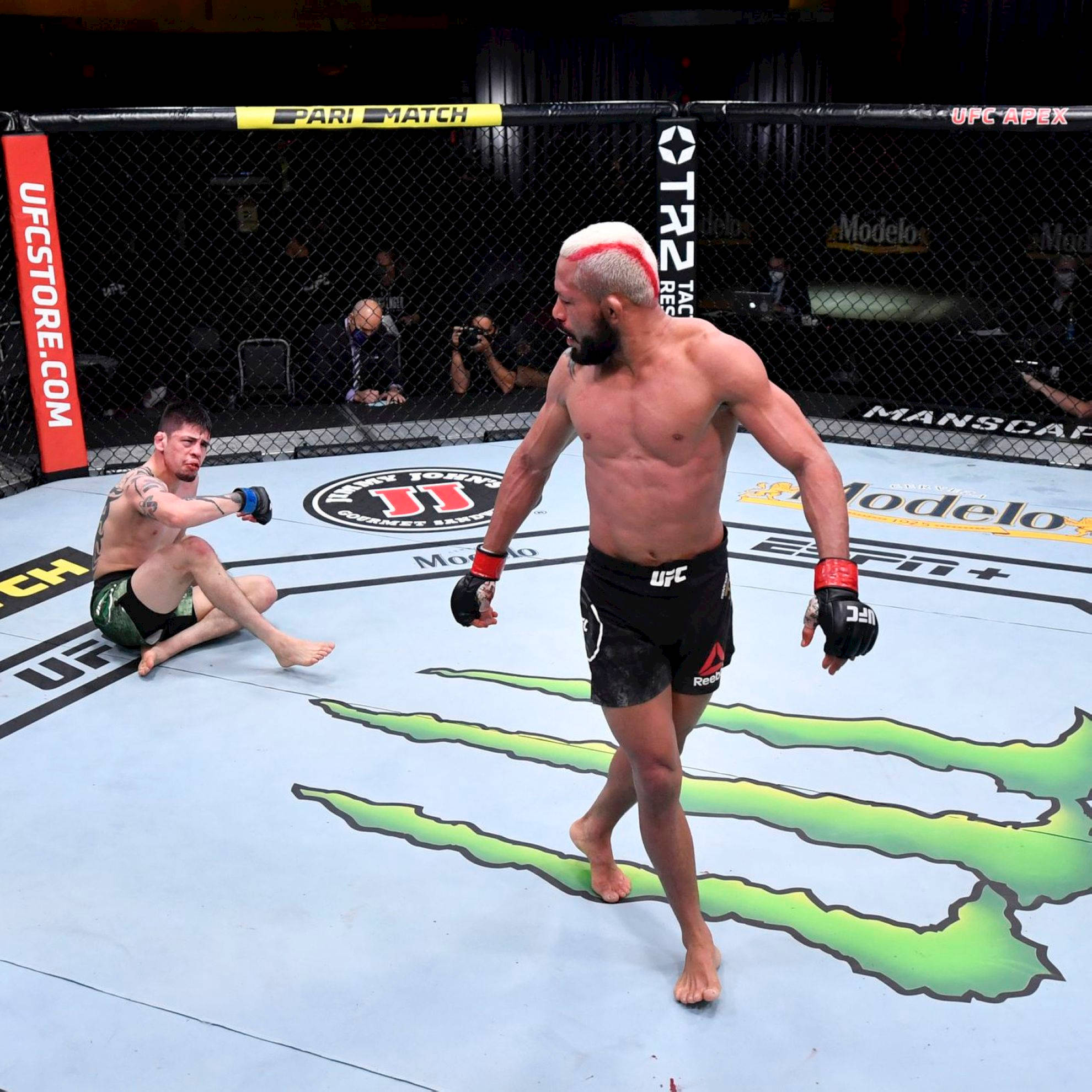 MMA 桌布 壁紙 — 一位勝利的UFC拳手，白色和紅色頭髮，走開，而他的對手坐在八角籠中被擊敗。