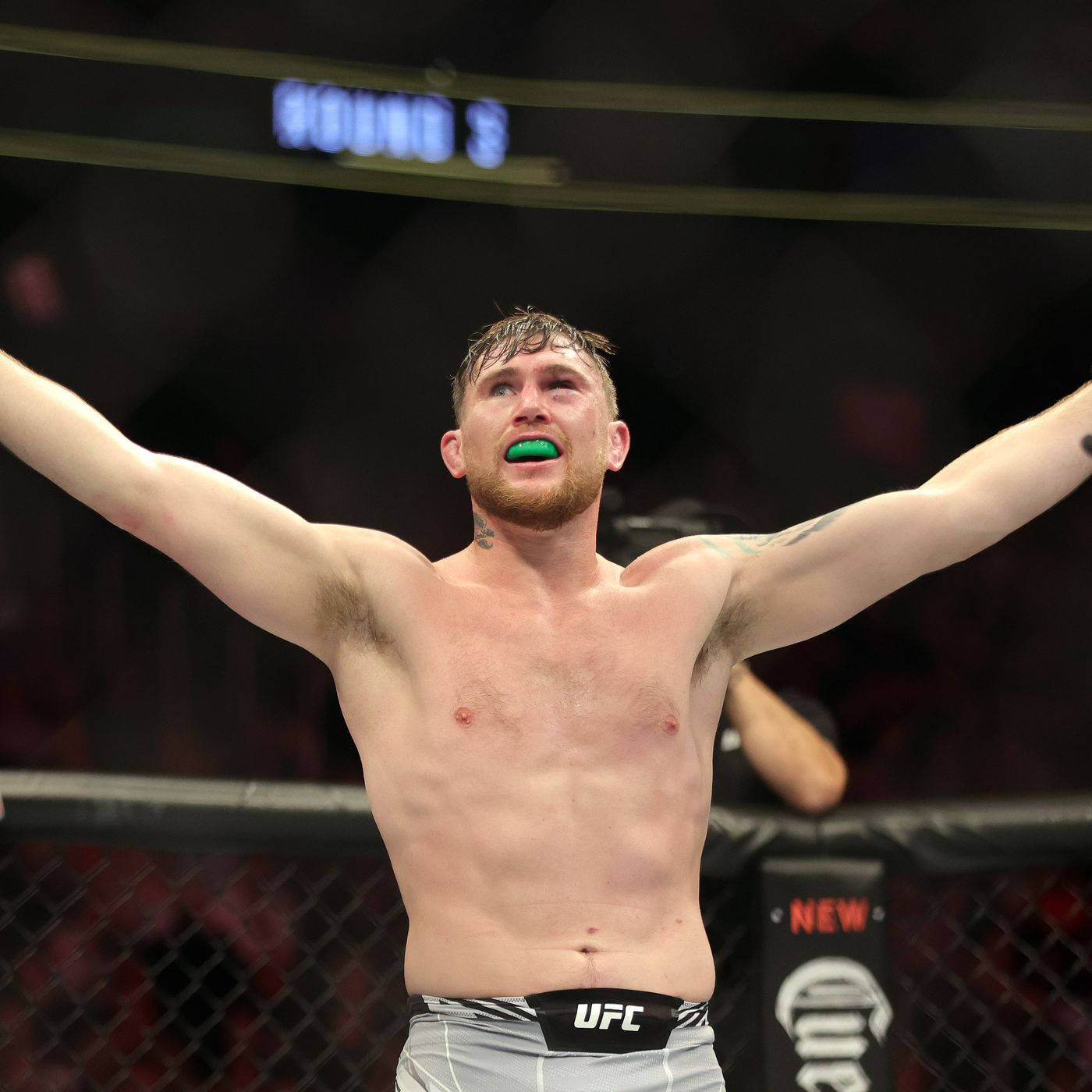 UFC 桌布 壁紙 — 一位勝利的UFC拳手在八角籠內高舉雙臂慶祝，戴著綠色護齒。