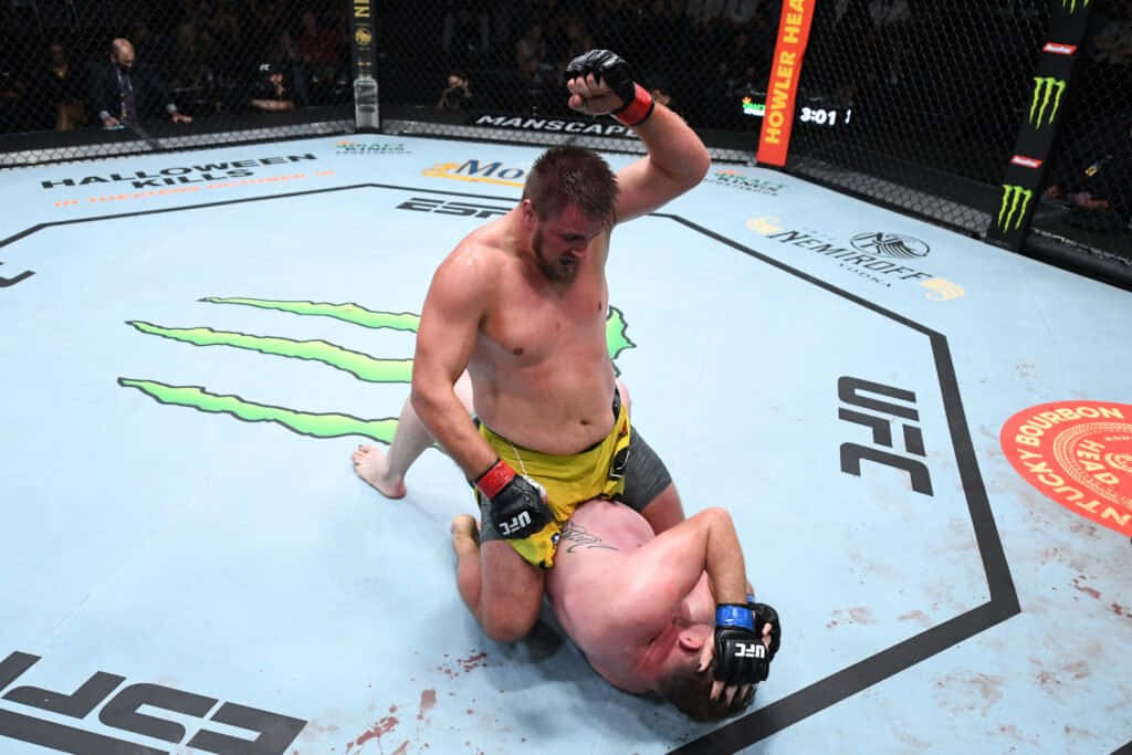 martial arts 桌布 壁紙 — 一位勝利的UFC拳手在八角籠墊上制服對手時舉起拳頭。